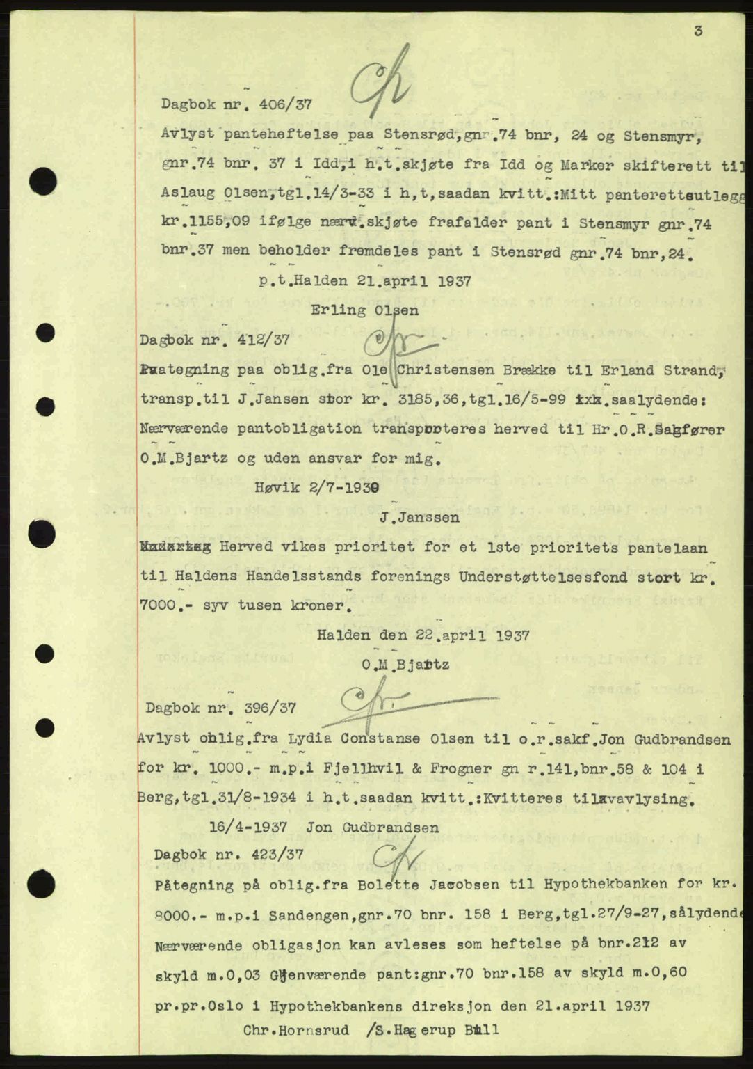 Idd og Marker sorenskriveri, AV/SAO-A-10283/G/Gb/Gbc/L0001: Mortgage book no. B1-3, 1936-1939, Diary no: : 406/1937