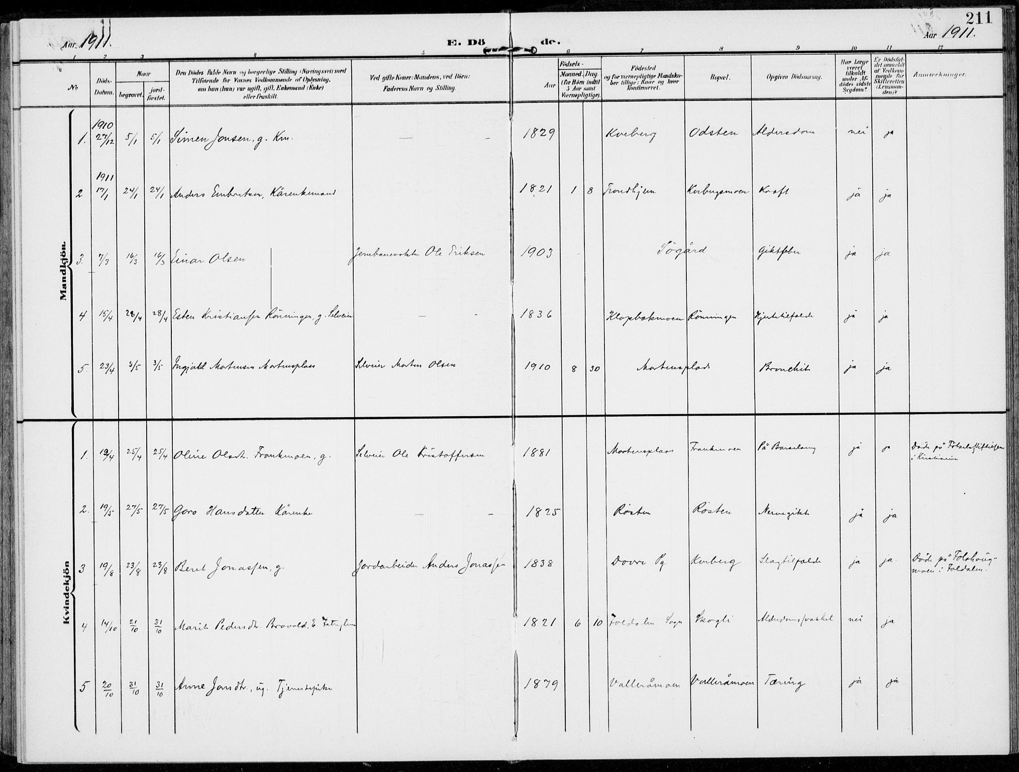 Alvdal prestekontor, SAH/PREST-060/H/Ha/Haa/L0004: Parish register (official) no. 4, 1907-1919, p. 211