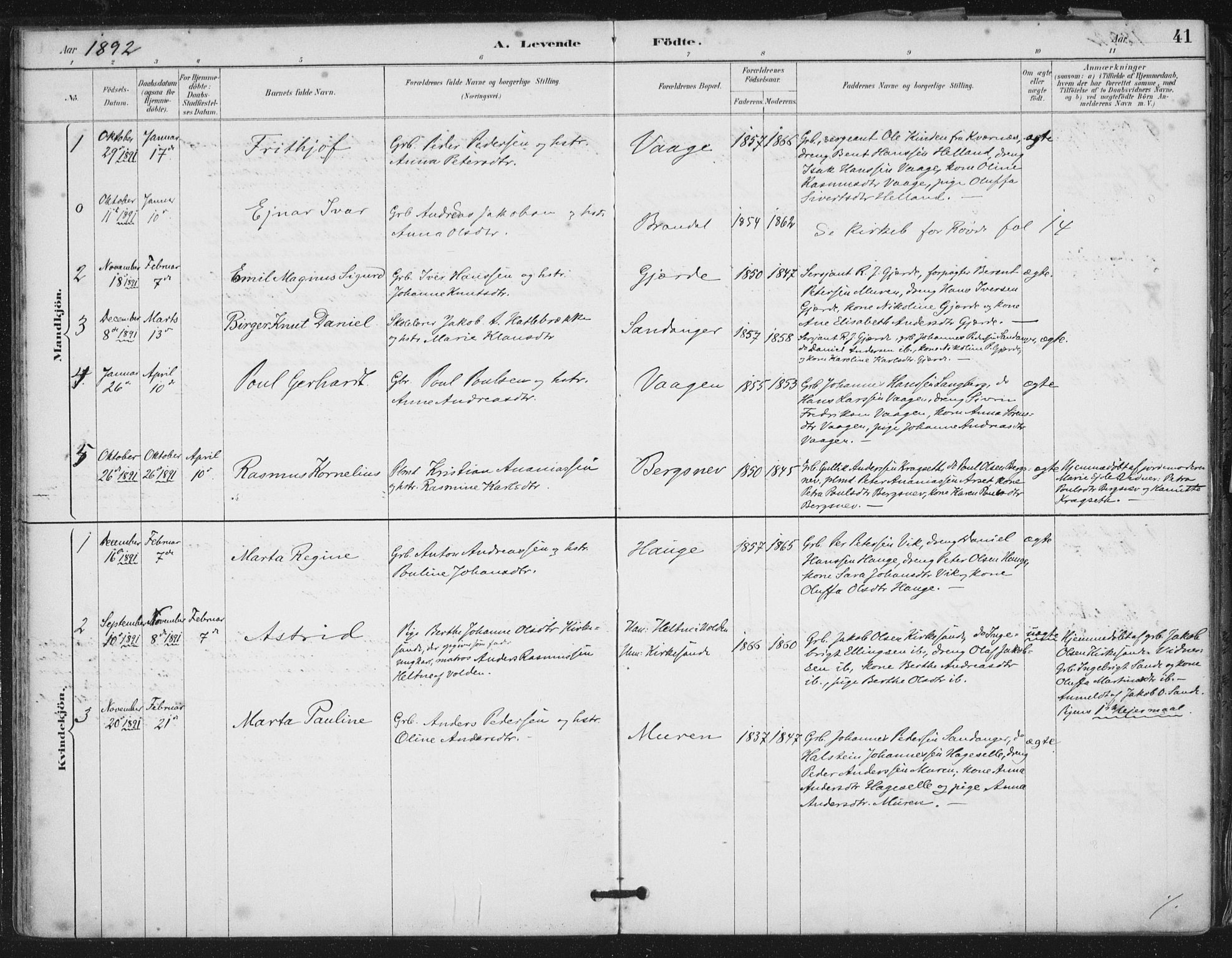 Ministerialprotokoller, klokkerbøker og fødselsregistre - Møre og Romsdal, SAT/A-1454/503/L0037: Parish register (official) no. 503A05, 1884-1900, p. 41