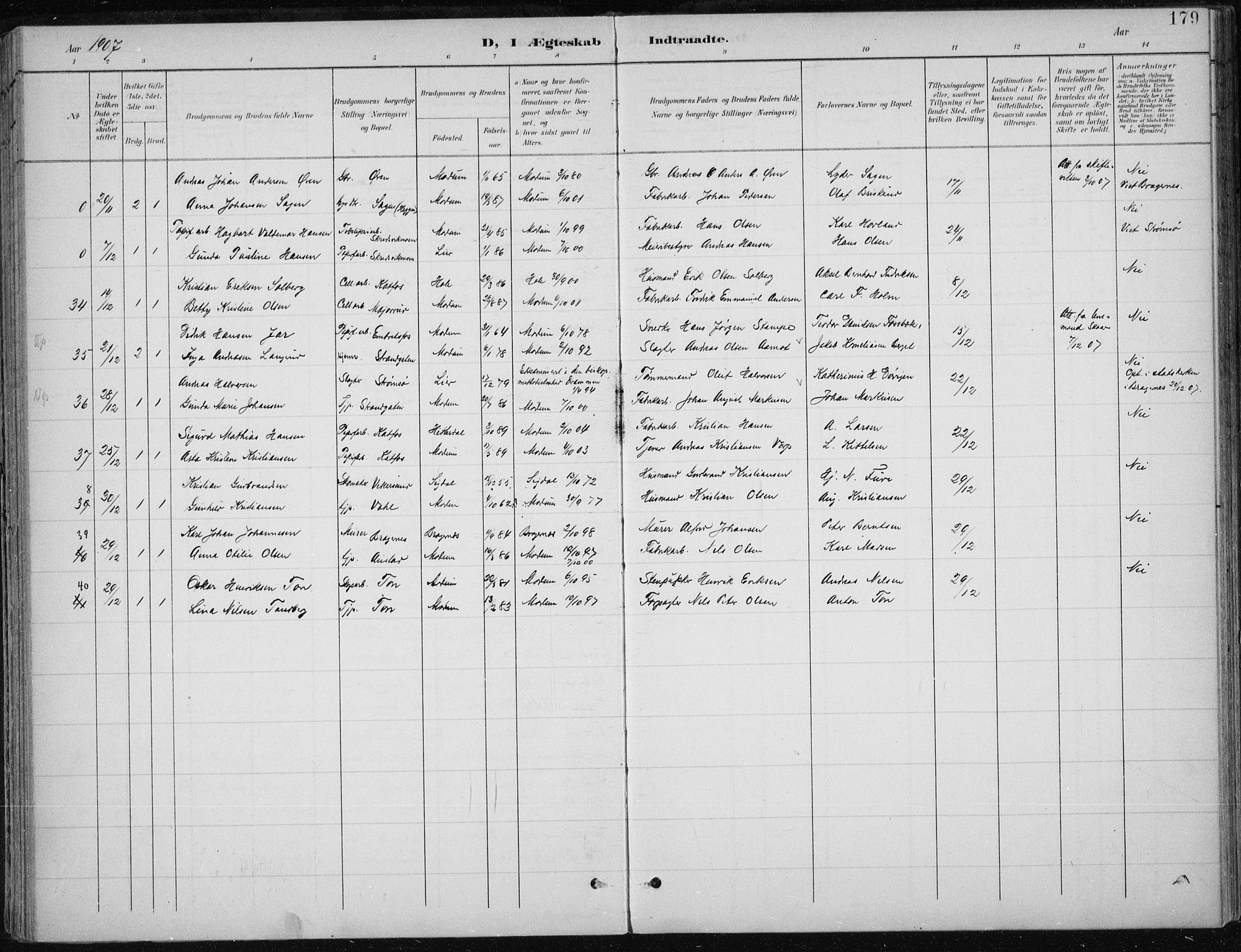 Modum kirkebøker, AV/SAKO-A-234/F/Fa/L0013: Parish register (official) no. 13, 1899-1907, p. 179