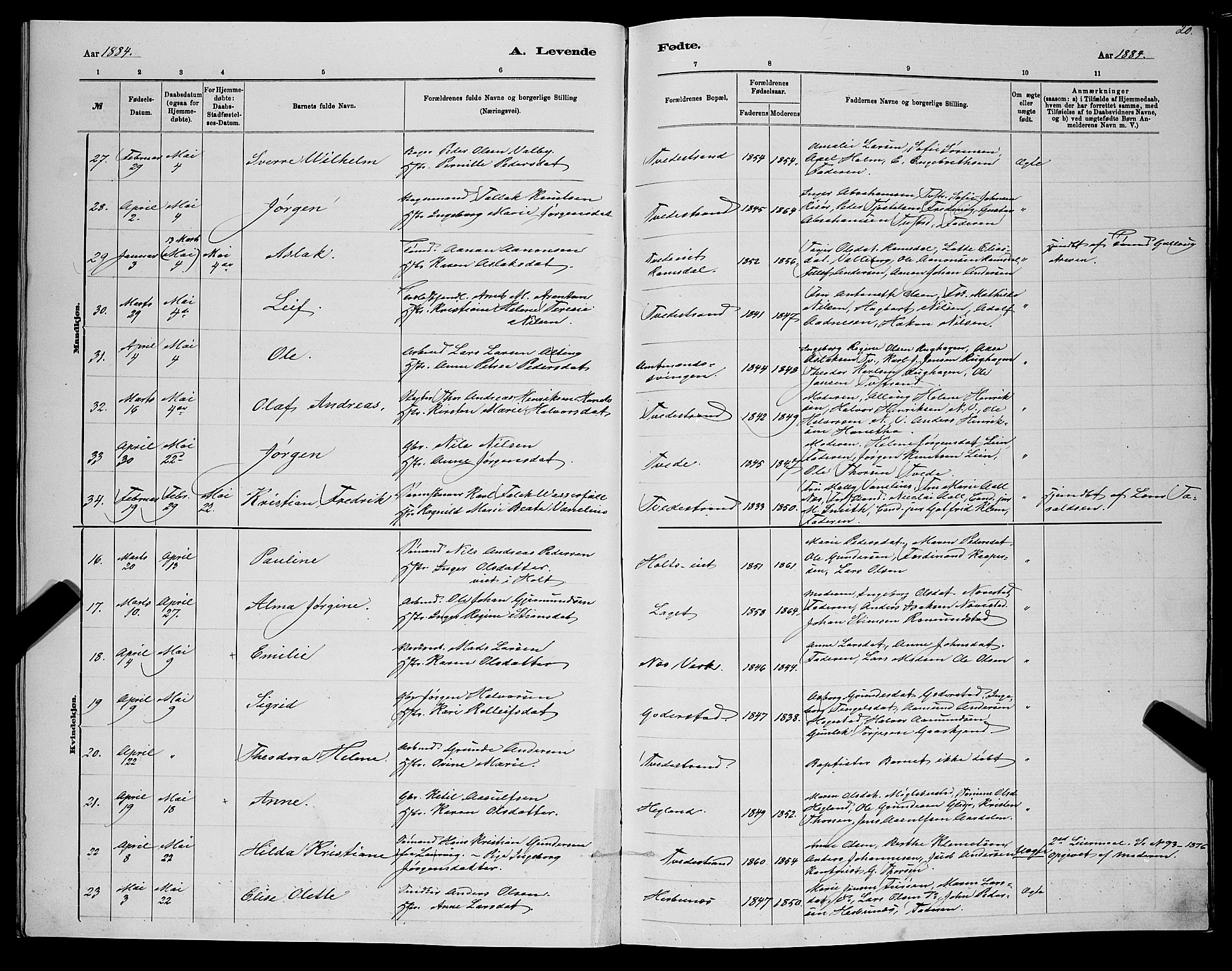 Holt sokneprestkontor, AV/SAK-1111-0021/F/Fb/L0010: Parish register (copy) no. B 10, 1883-1896, p. 20