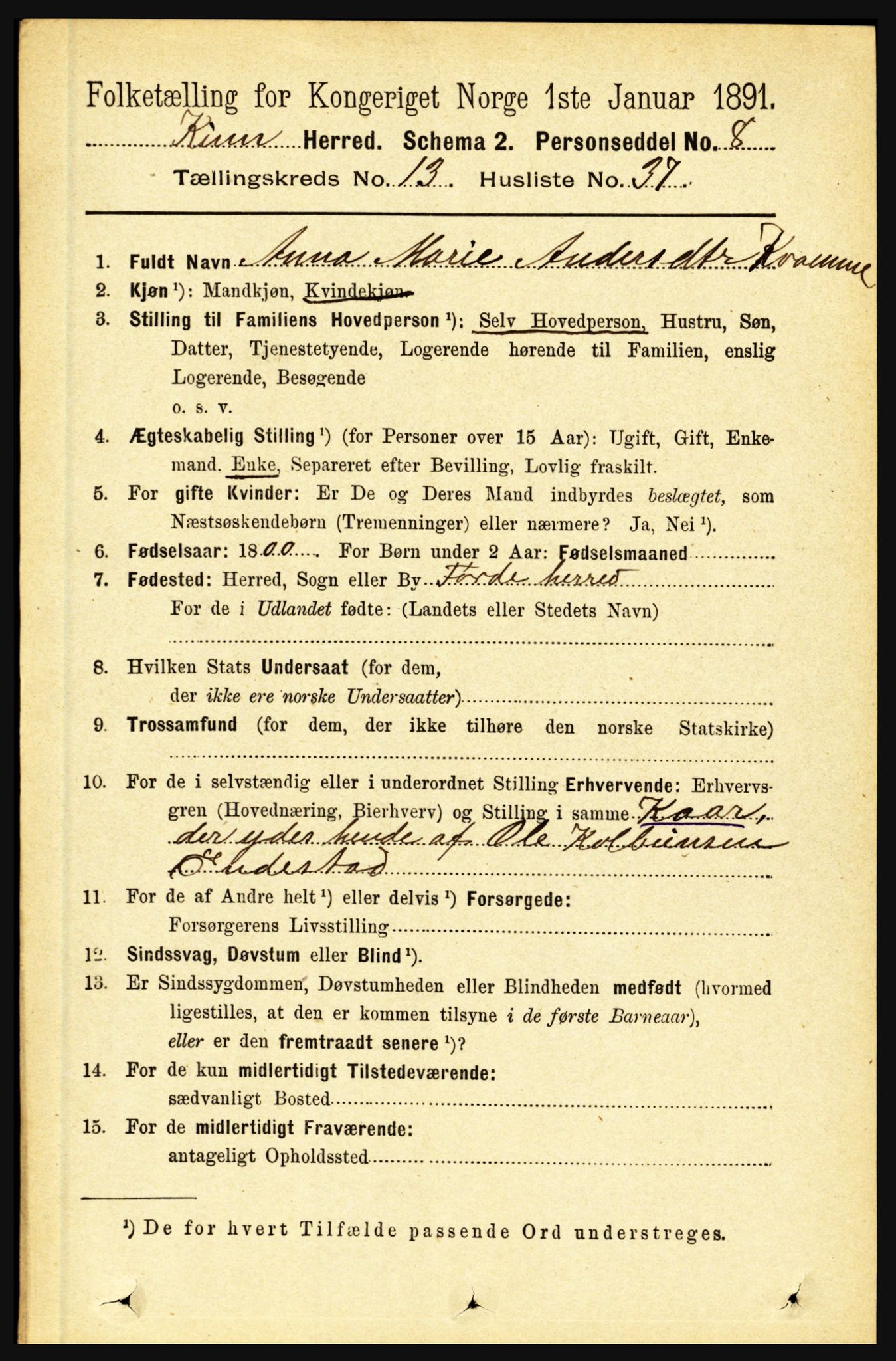RA, 1891 census for 1437 Kinn, 1891, p. 5315