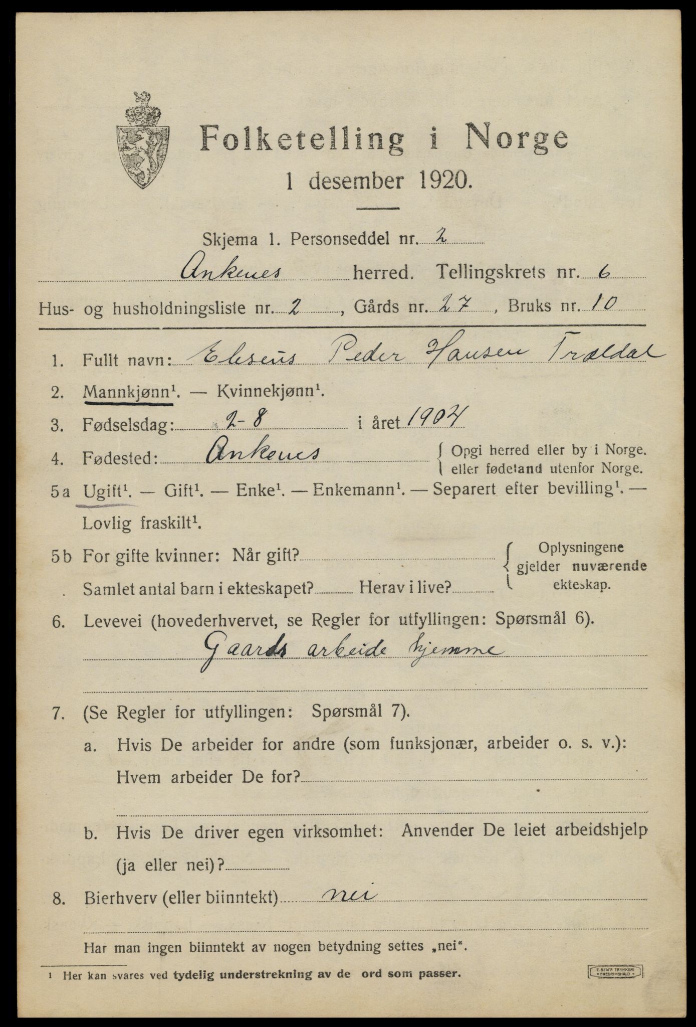 SAT, 1920 census for Ankenes, 1920, p. 3461