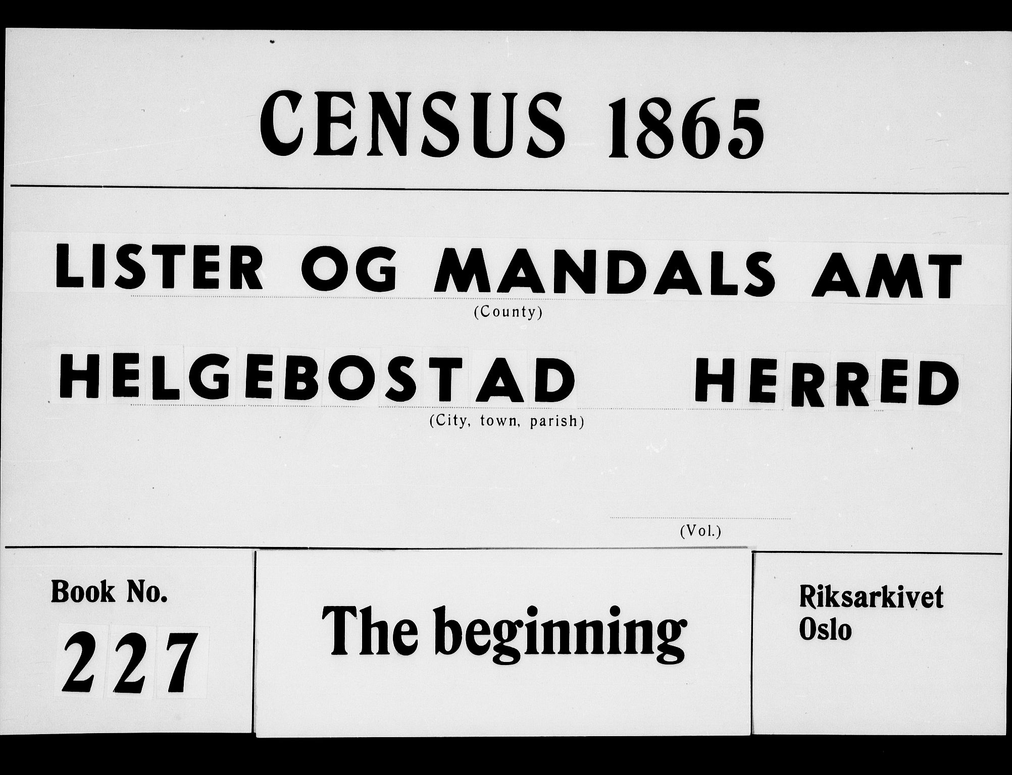 RA, 1865 census for Hægebostad, 1865, p. 1