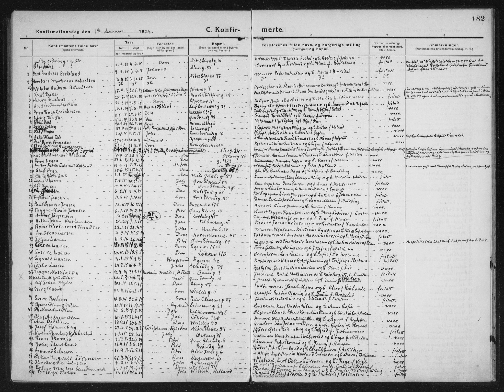 Domkirken sokneprestkontor, AV/SAST-A-101812/002/A/L0019: Parish register (official) no. A 35, 1916-1932, p. 182