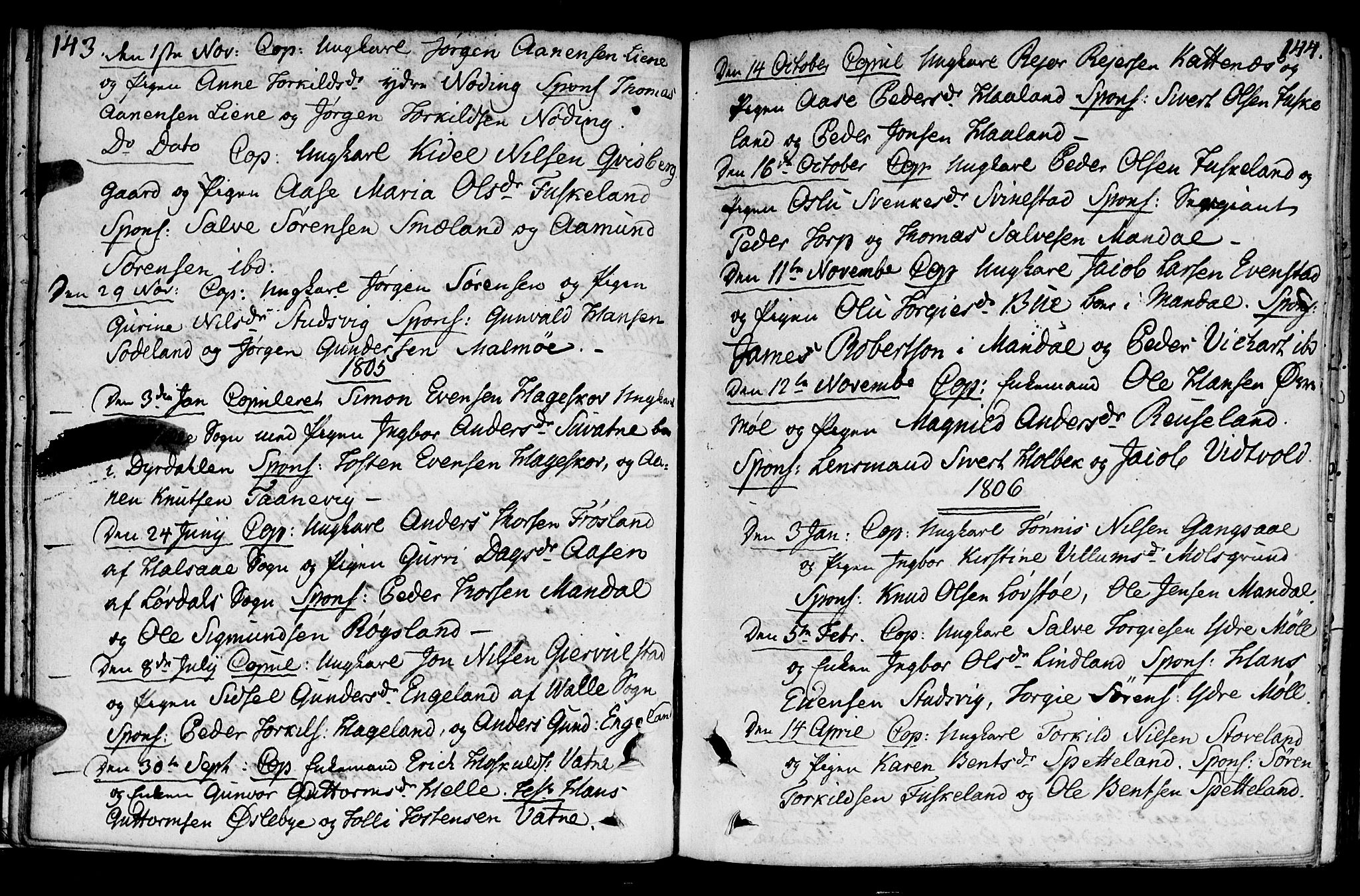 Holum sokneprestkontor, SAK/1111-0022/F/Fa/Faa/L0003: Parish register (official) no. A 3, 1780-1821, p. 143-144