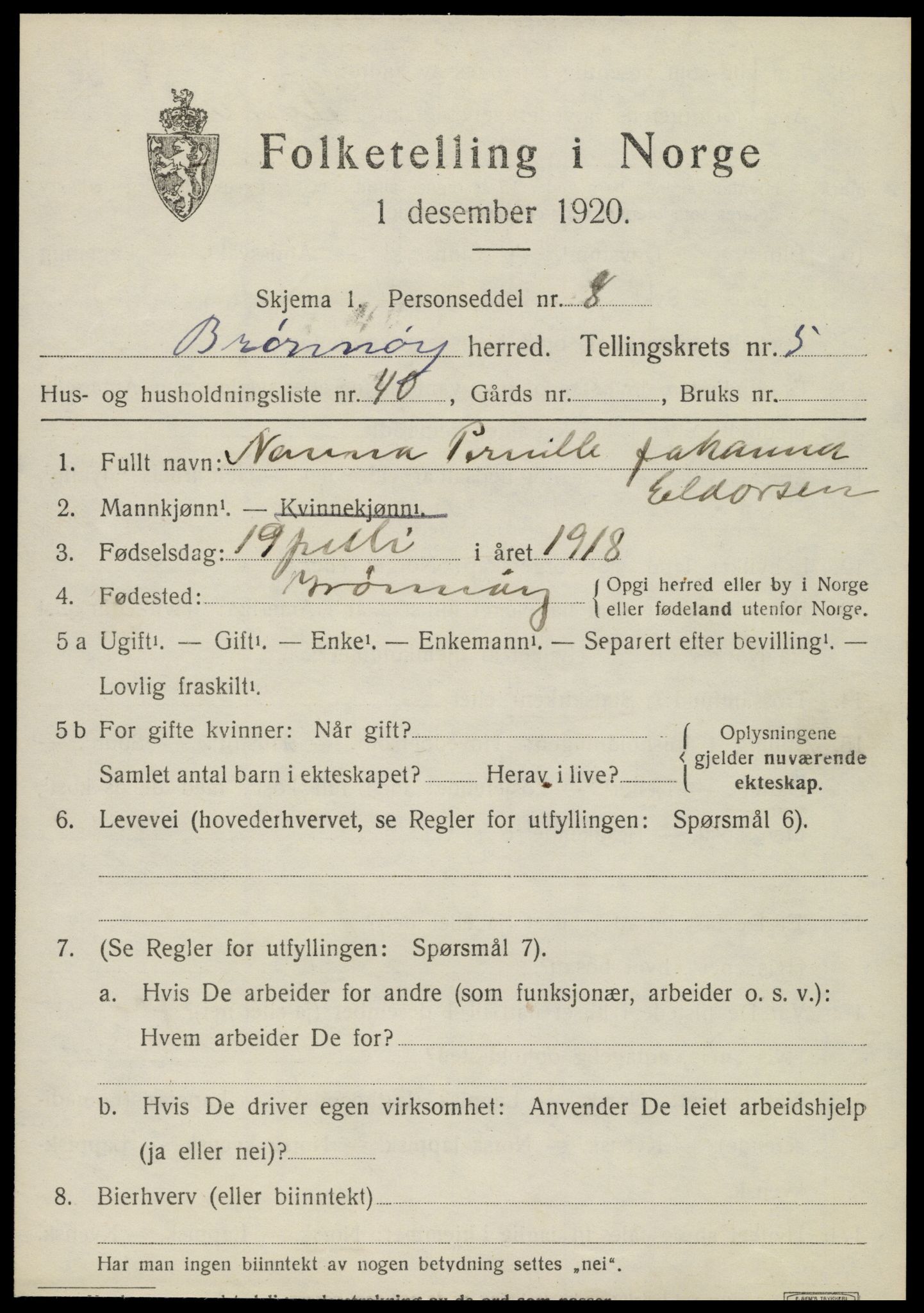 SAT, 1920 census for Brønnøy, 1920, p. 4318