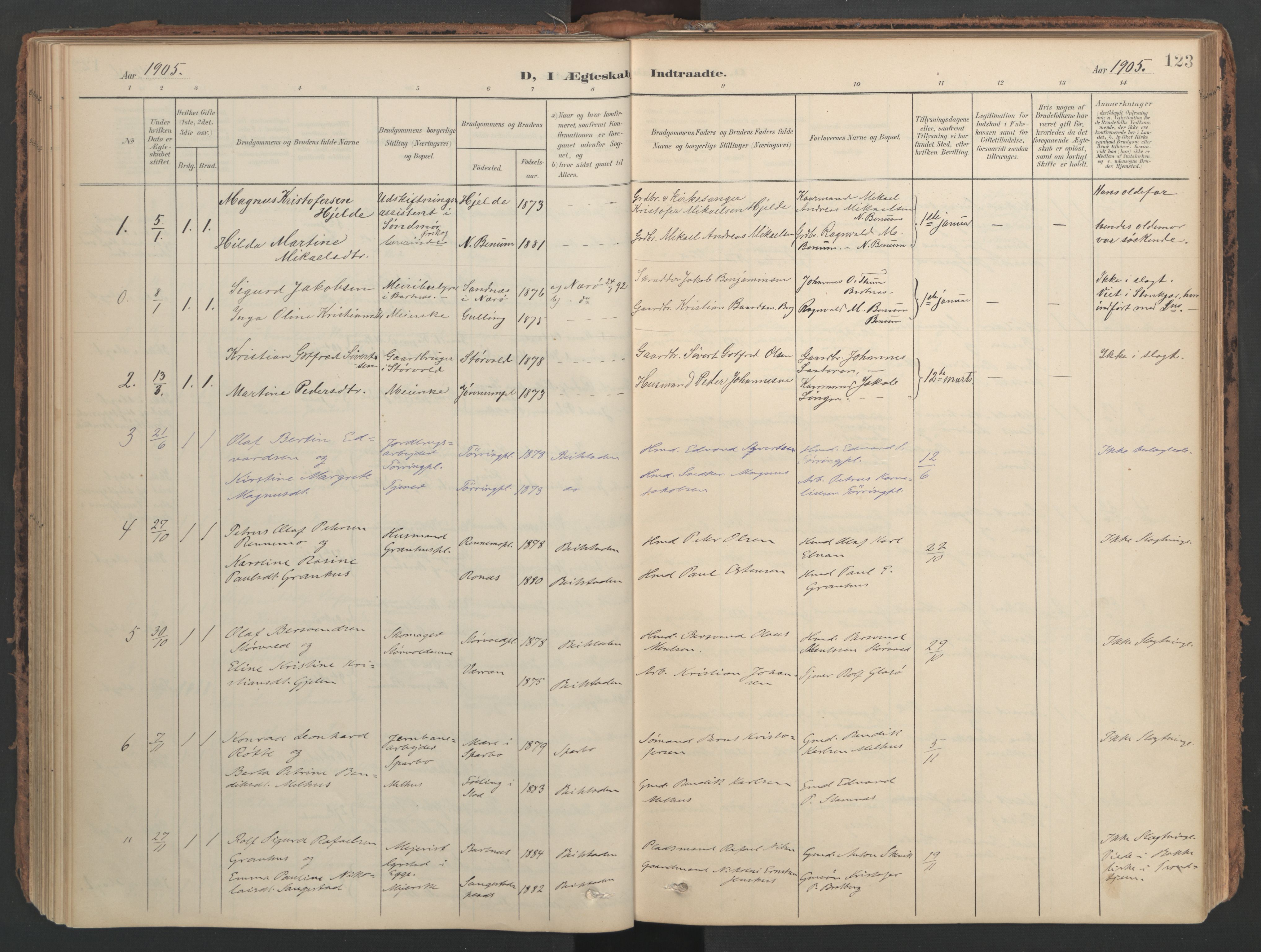 Ministerialprotokoller, klokkerbøker og fødselsregistre - Nord-Trøndelag, SAT/A-1458/741/L0397: Parish register (official) no. 741A11, 1901-1911, p. 123