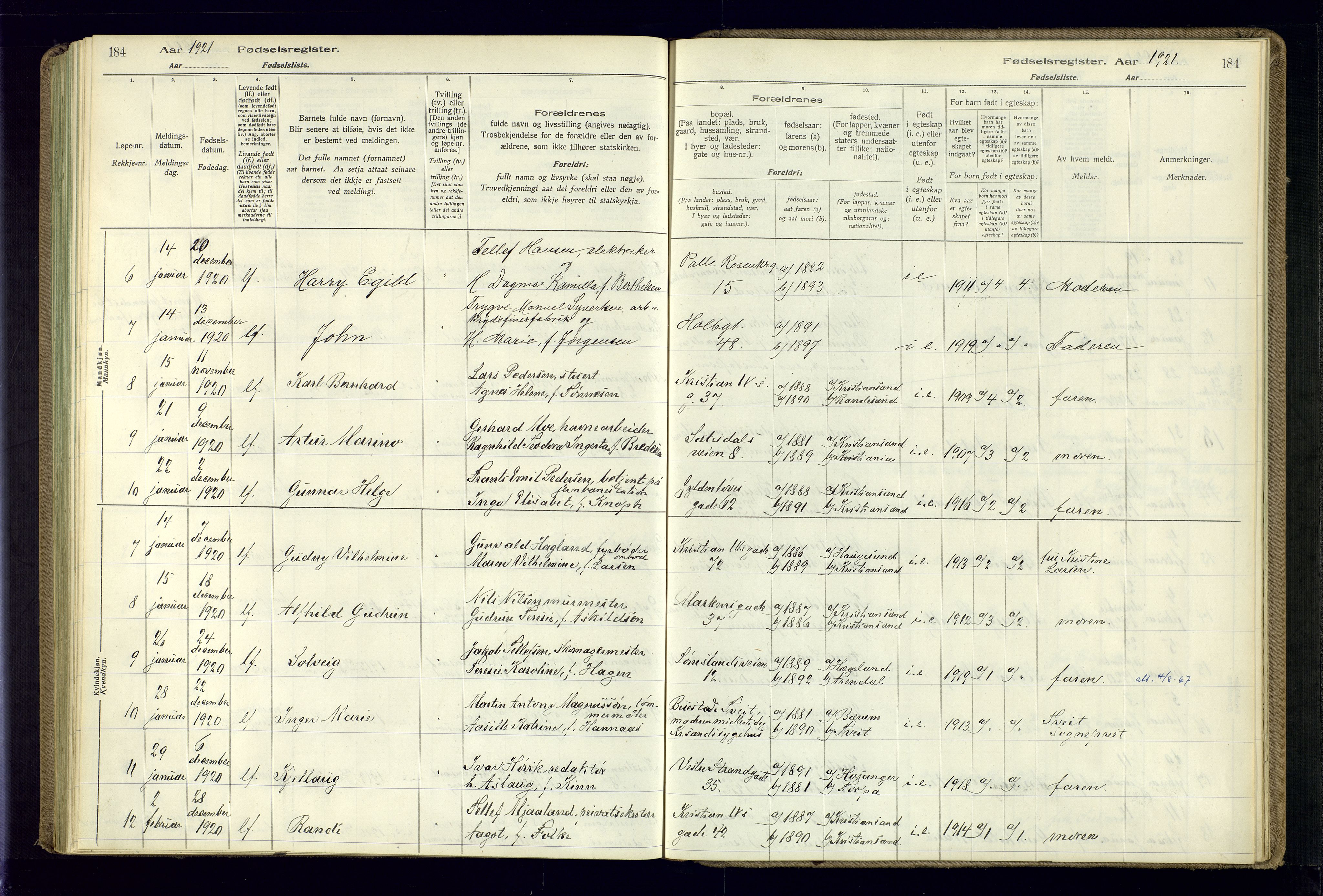 Kristiansand domprosti, AV/SAK-1112-0006/J/Jc/L0001: Birth register no. A-VI-45, 1916-1921, p. 184