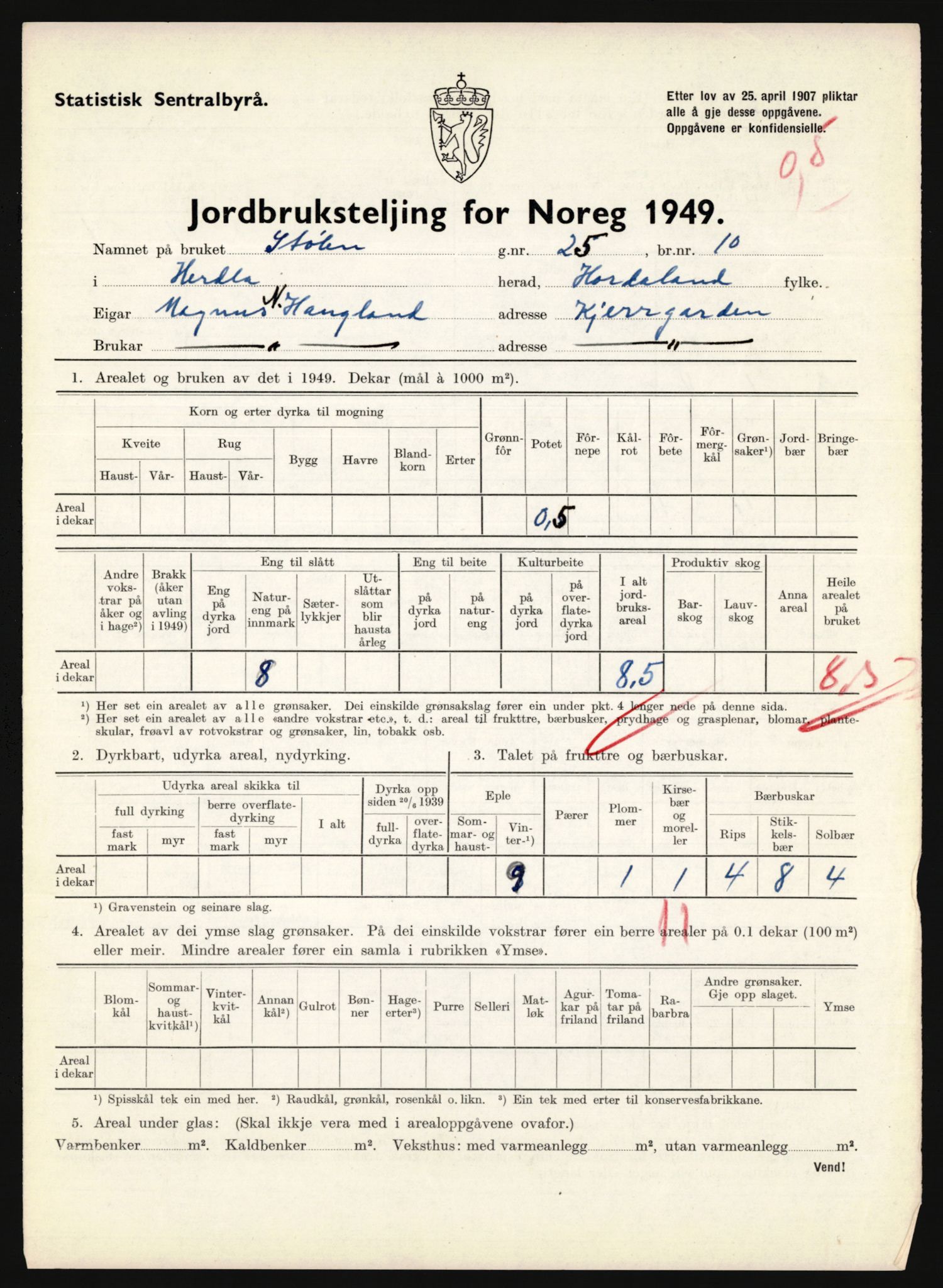 Statistisk sentralbyrå, Næringsøkonomiske emner, Jordbruk, skogbruk, jakt, fiske og fangst, AV/RA-S-2234/G/Gc/L0276: Hordaland: Herdla og Hjelme, 1949, p. 354