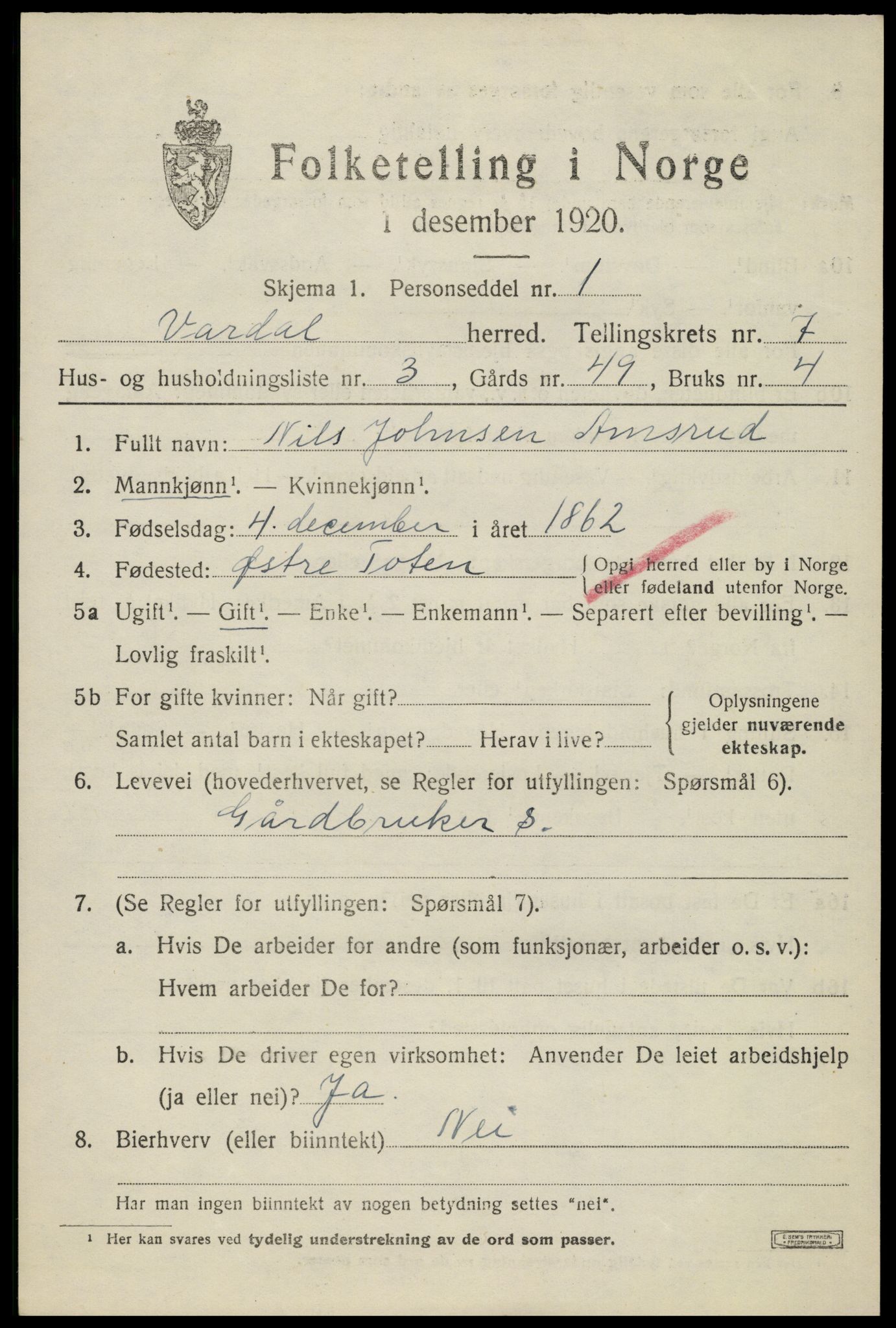 SAH, 1920 census for Vardal, 1920, p. 4871