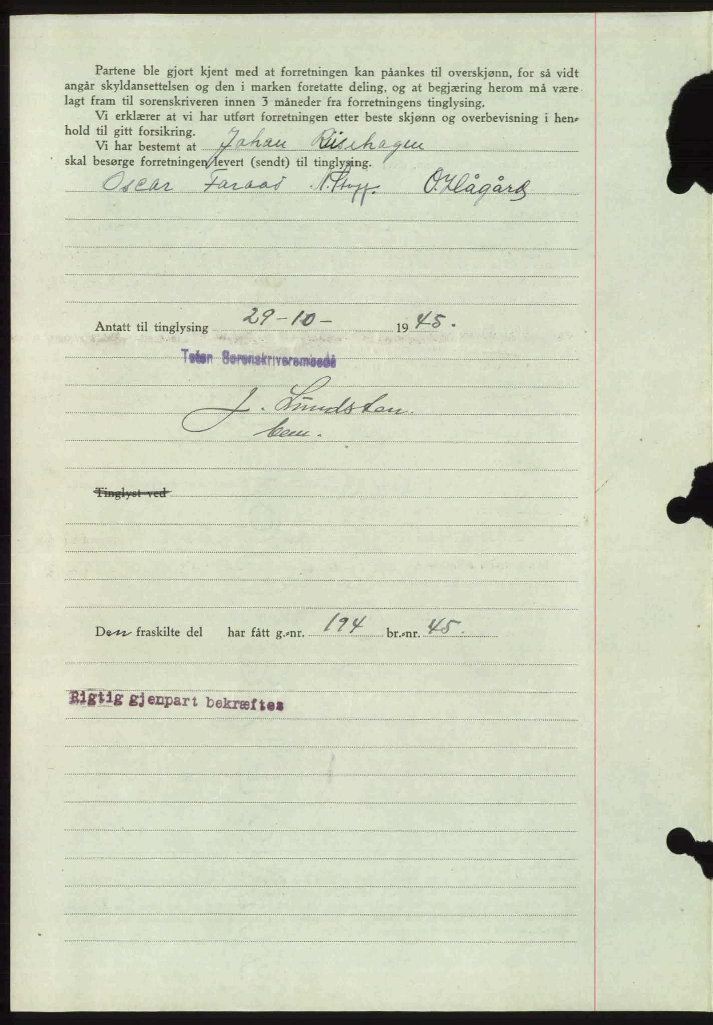 Toten tingrett, SAH/TING-006/H/Hb/Hbc/L0013: Mortgage book no. Hbc-13, 1945-1945, Diary no: : 1456/1945