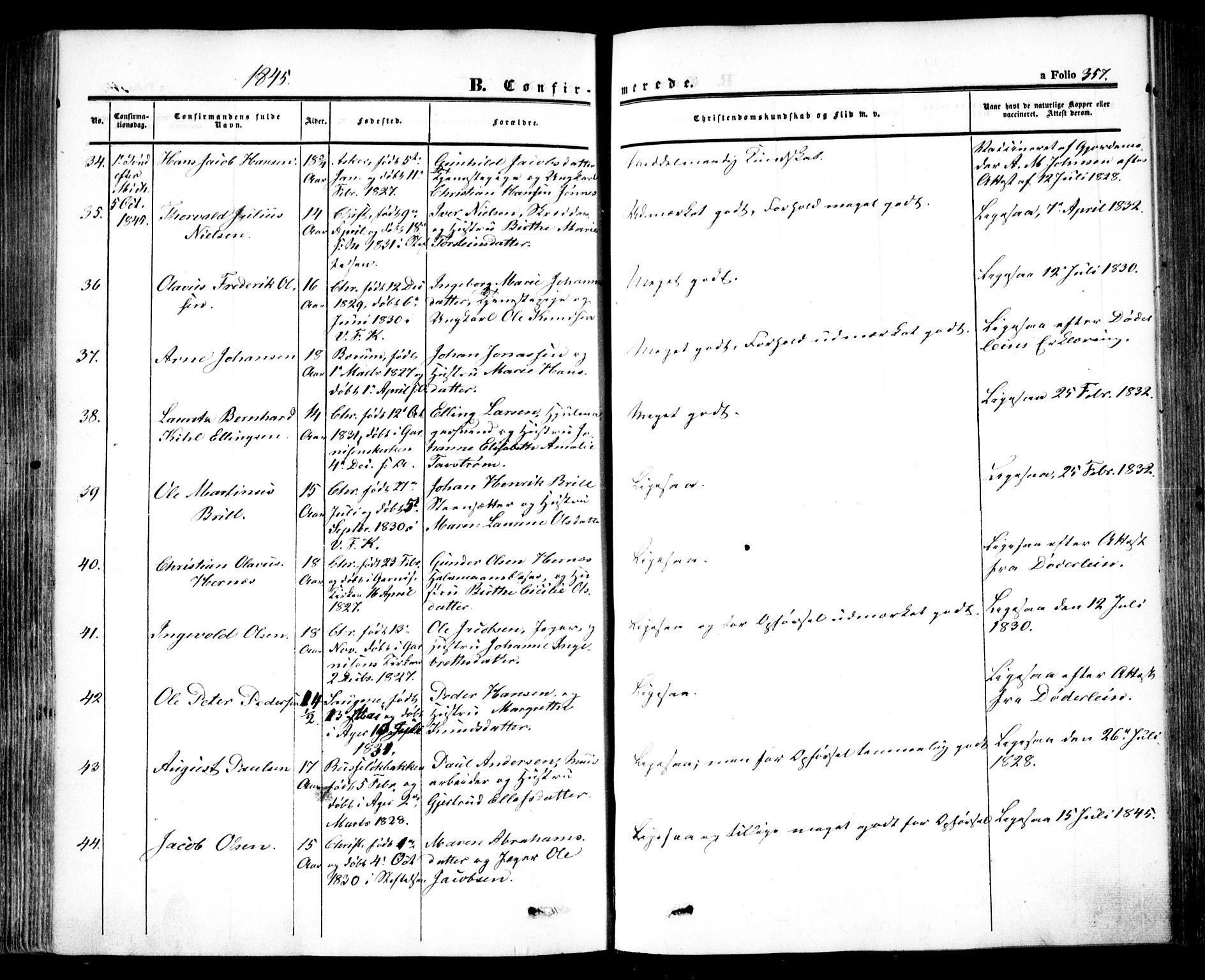 Oslo domkirke Kirkebøker, SAO/A-10752/F/Fa/L0013: Parish register (official) no. 13, 1844-1864, p. 357