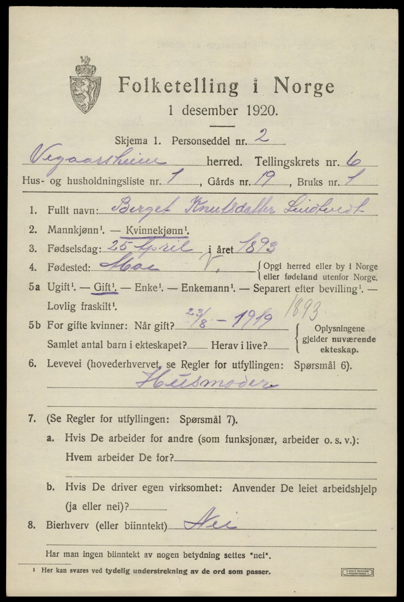 SAK, 1920 census for Vegårshei, 1920, p. 2170