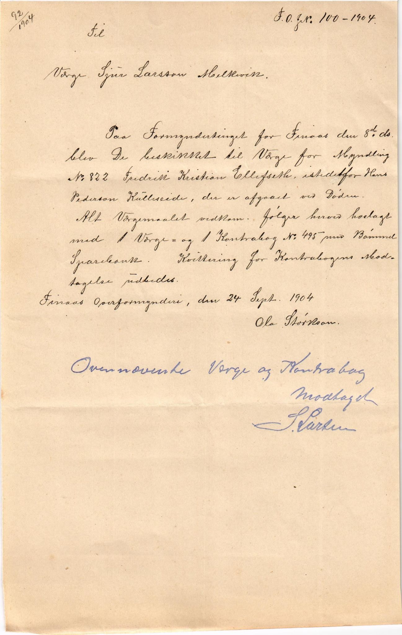 Finnaas kommune. Overformynderiet, IKAH/1218a-812/D/Da/Daa/L0002/0002: Kronologisk ordna korrespondanse / Kronologisk ordna korrespondanse, 1901-1904, p. 205