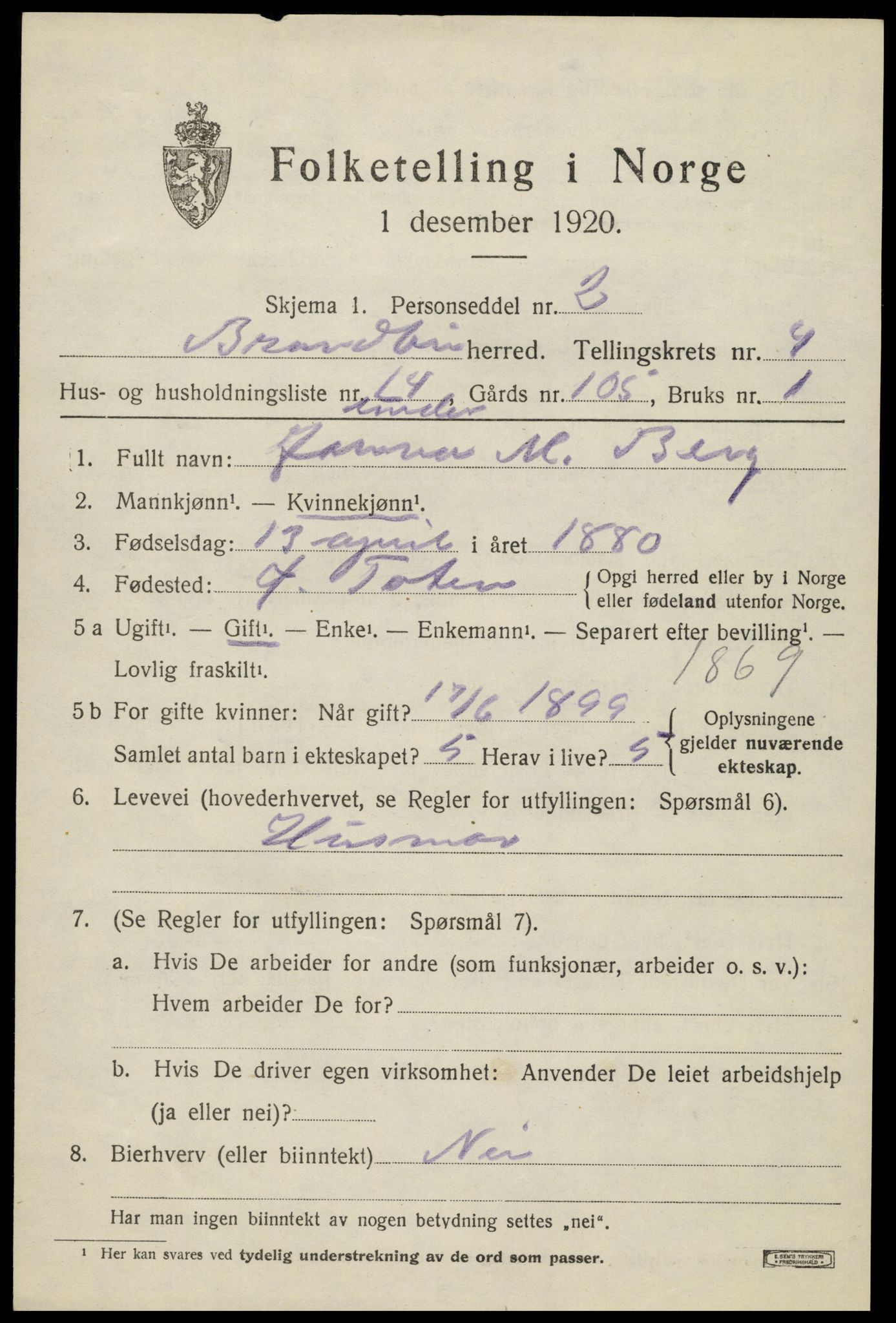 SAH, 1920 census for Brandbu, 1920, p. 10761