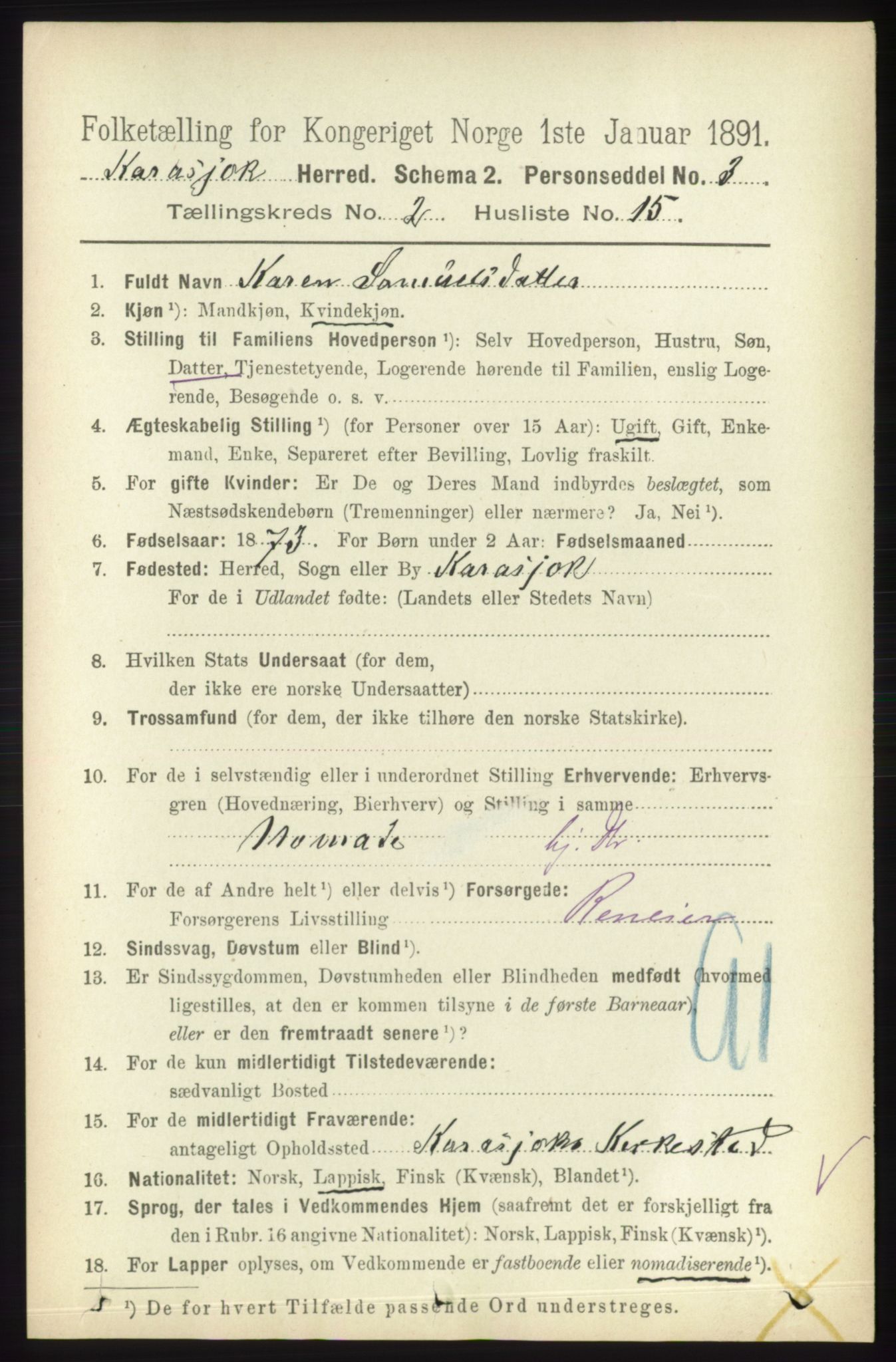 RA, 1891 census for 2021 Karasjok, 1891, p. 523