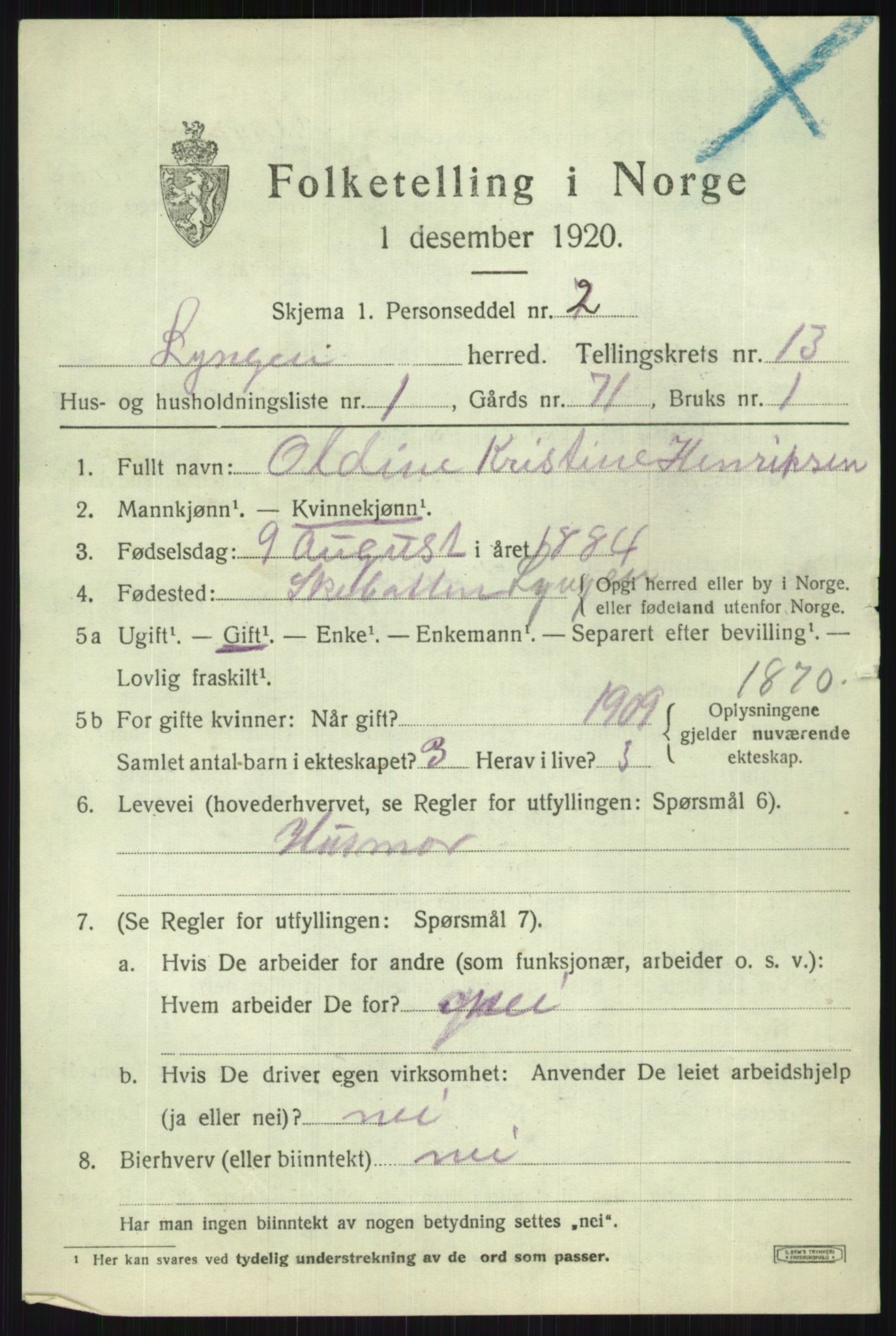 SATØ, 1920 census for Lyngen, 1920, p. 10067