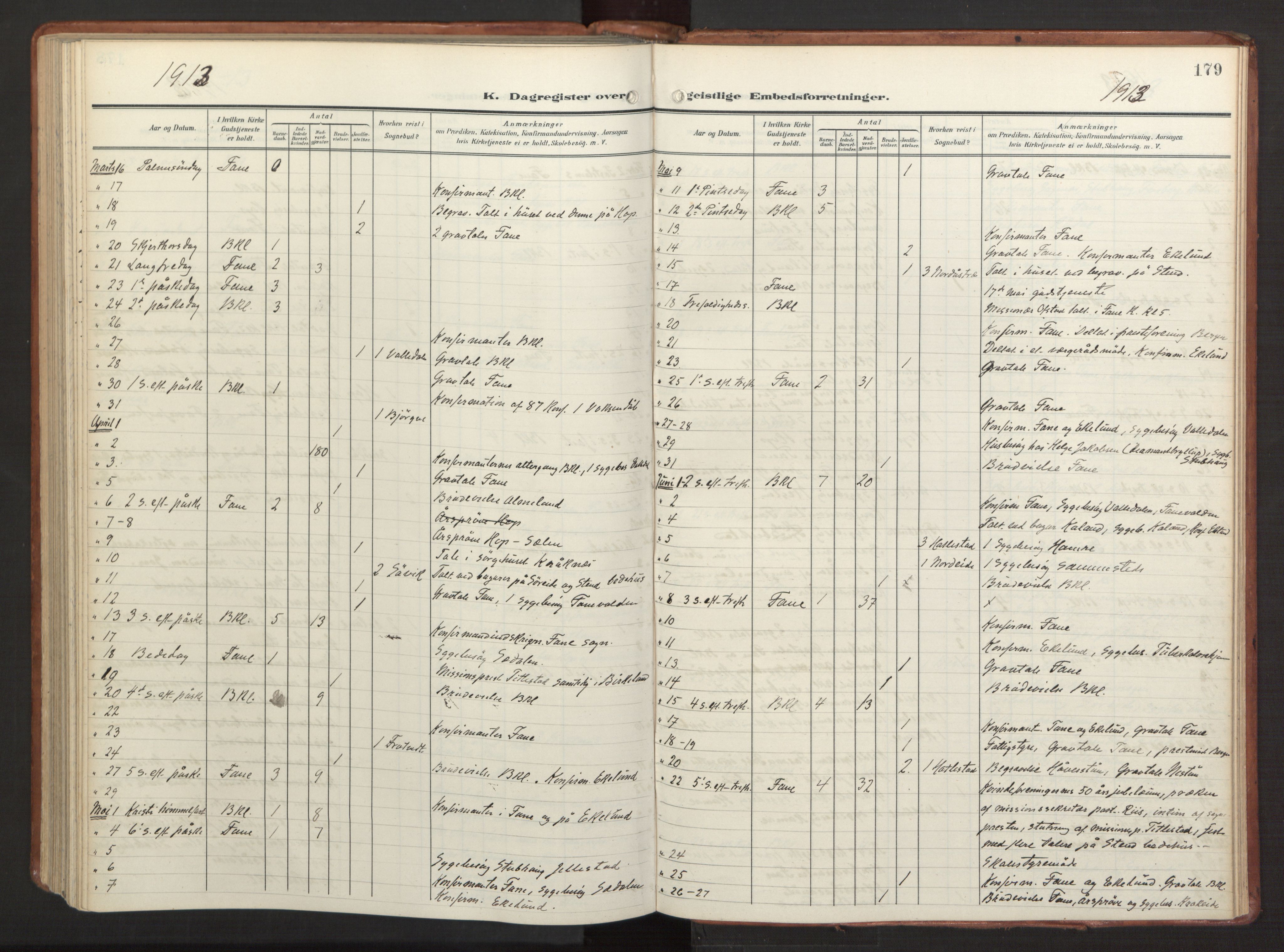 Fana Sokneprestembete, AV/SAB-A-75101/H/Haa/Haab/L0004: Parish register (official) no. B 4, 1908-1915, p. 179