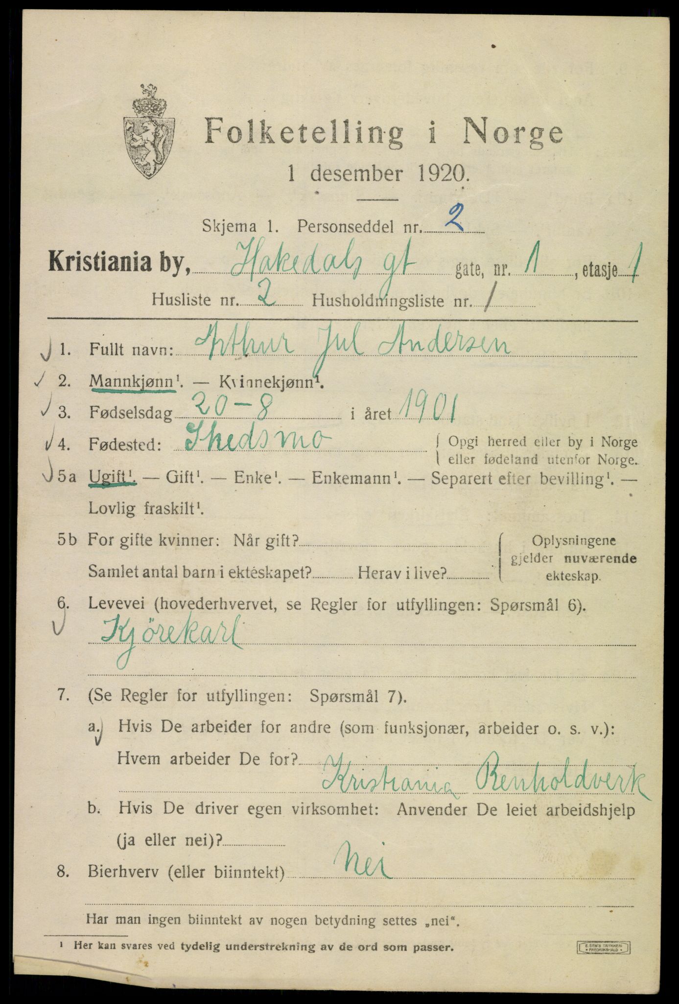 SAO, 1920 census for Kristiania, 1920, p. 266913