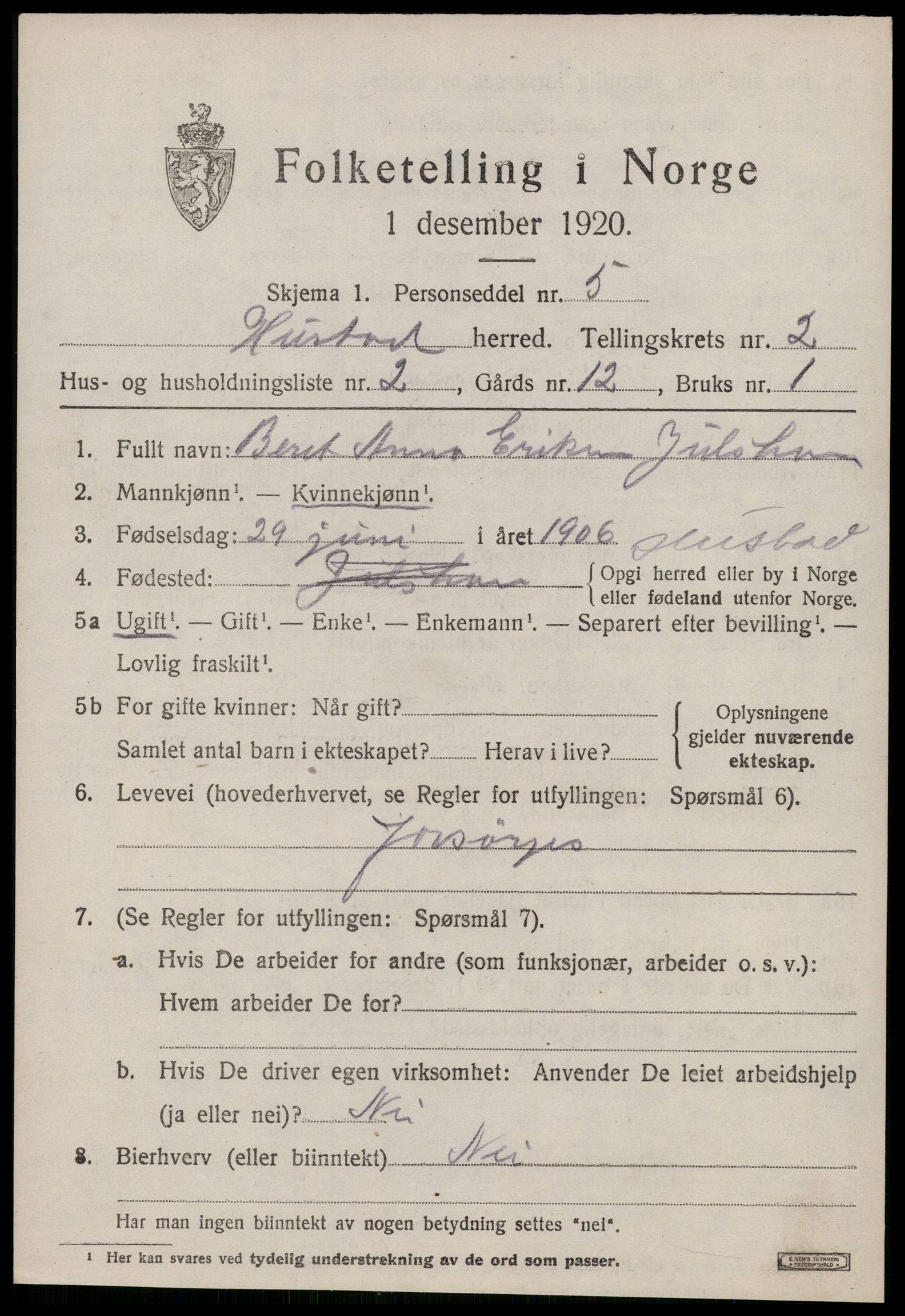 SAT, 1920 census for Hustad, 1920, p. 1543