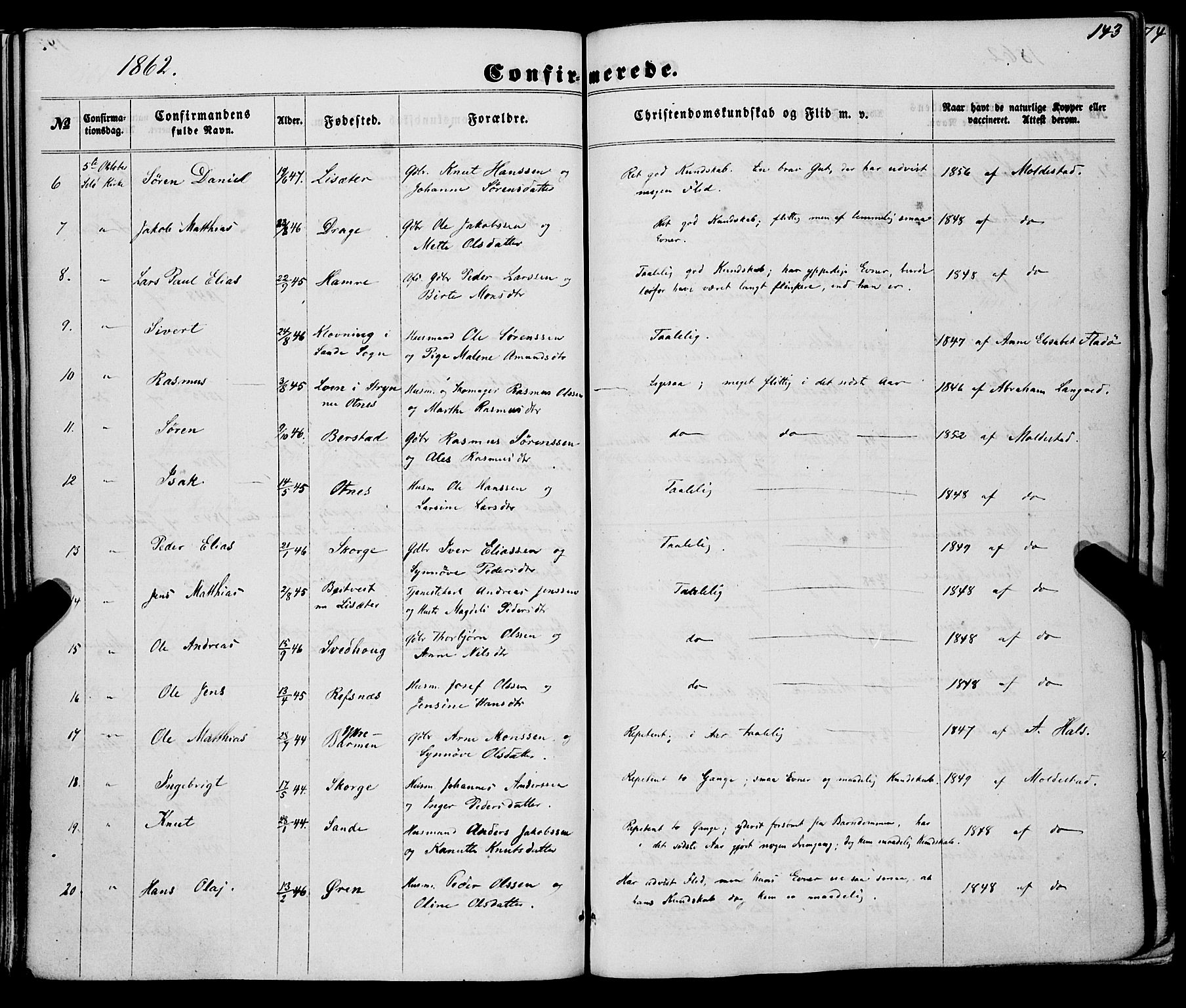 Selje sokneprestembete, AV/SAB-A-99938/H/Ha/Haa/Haaa: Parish register (official) no. A 11, 1858-1870, p. 143