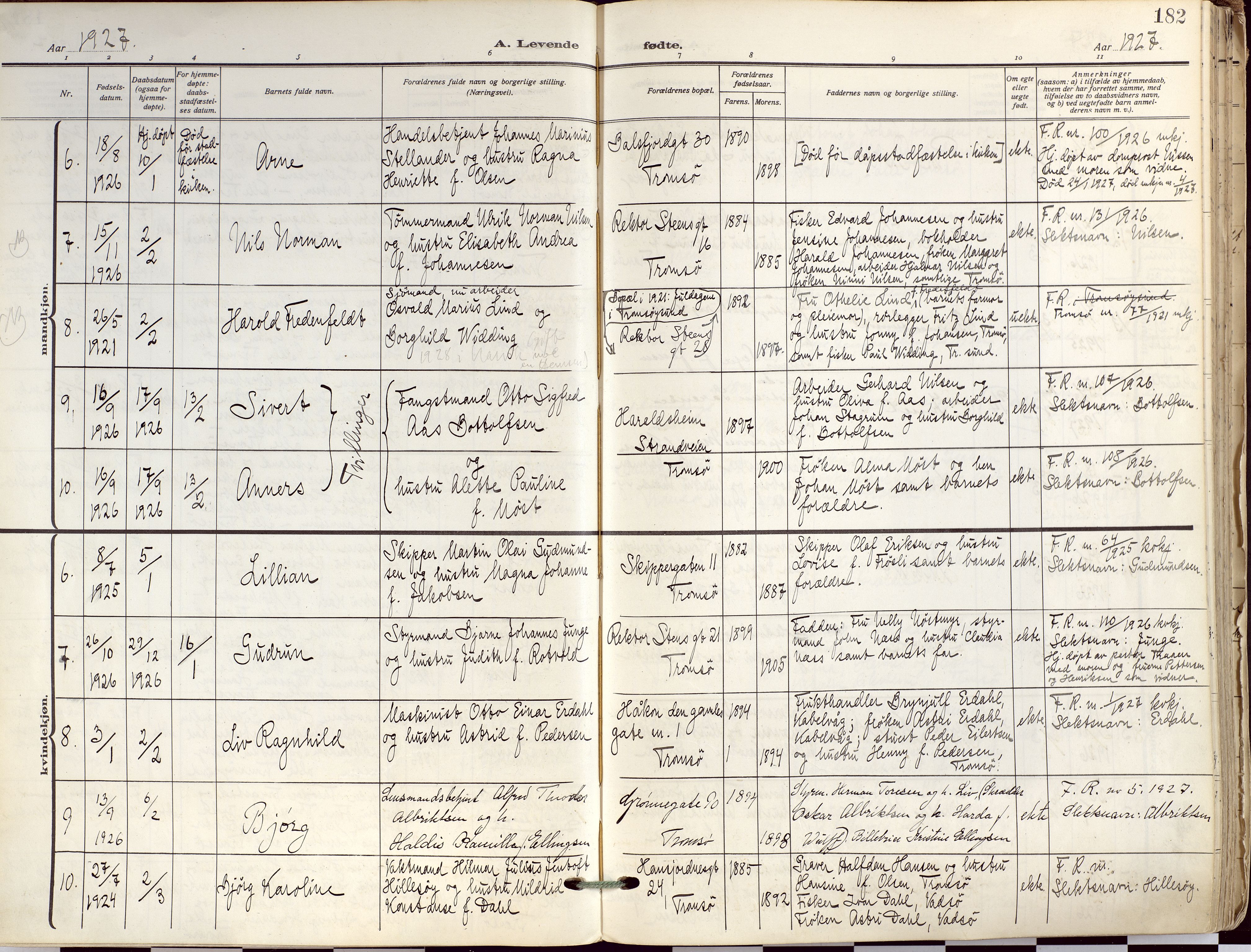 Tromsø sokneprestkontor/stiftsprosti/domprosti, AV/SATØ-S-1343/G/Ga/L0019kirke: Parish register (official) no. 19, 1917-1927, p. 182