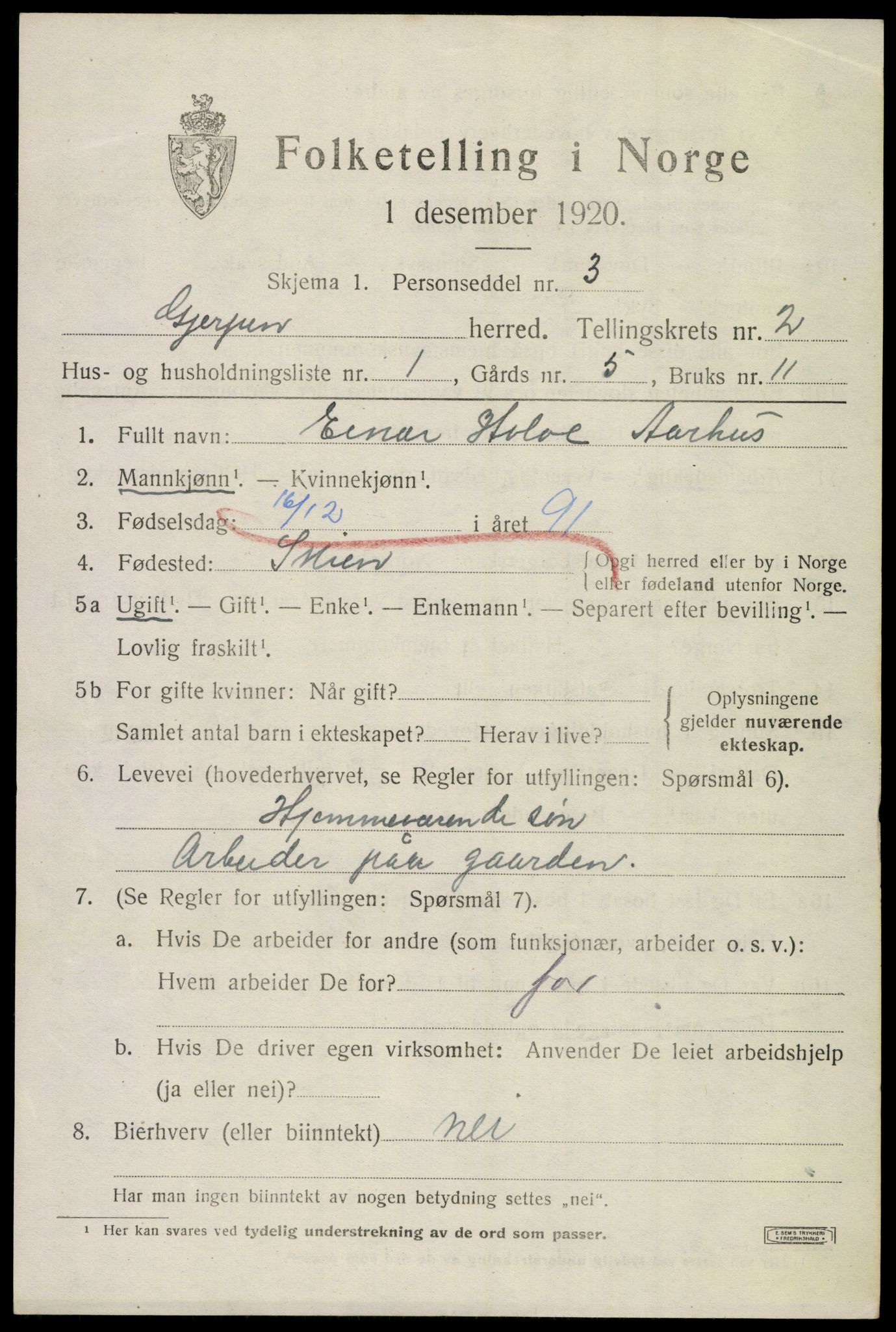 SAKO, 1920 census for Gjerpen, 1920, p. 4088