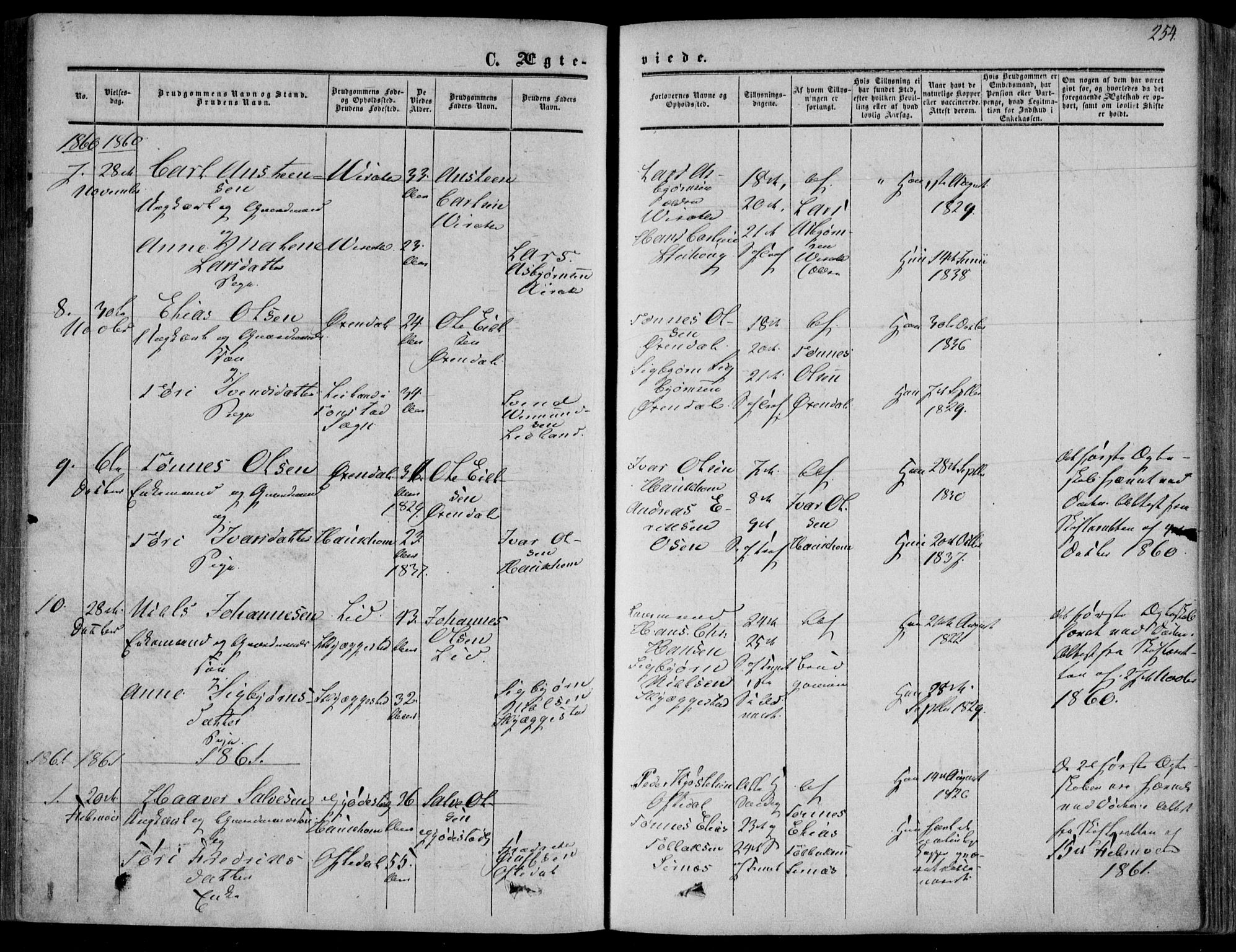 Bakke sokneprestkontor, SAK/1111-0002/F/Fa/Faa/L0006: Parish register (official) no. A 6, 1855-1877, p. 254