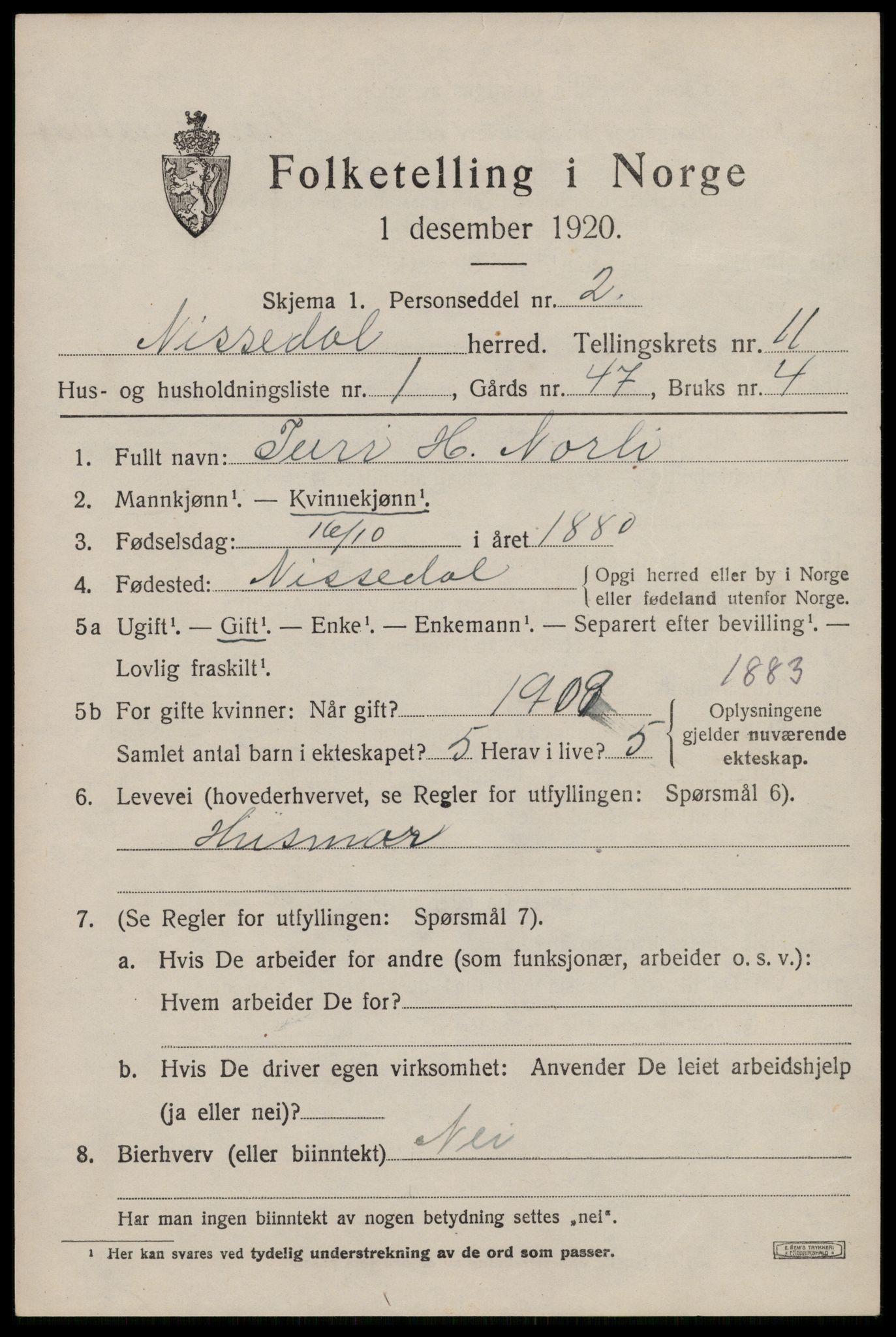 SAKO, 1920 census for Nissedal, 1920, p. 4397