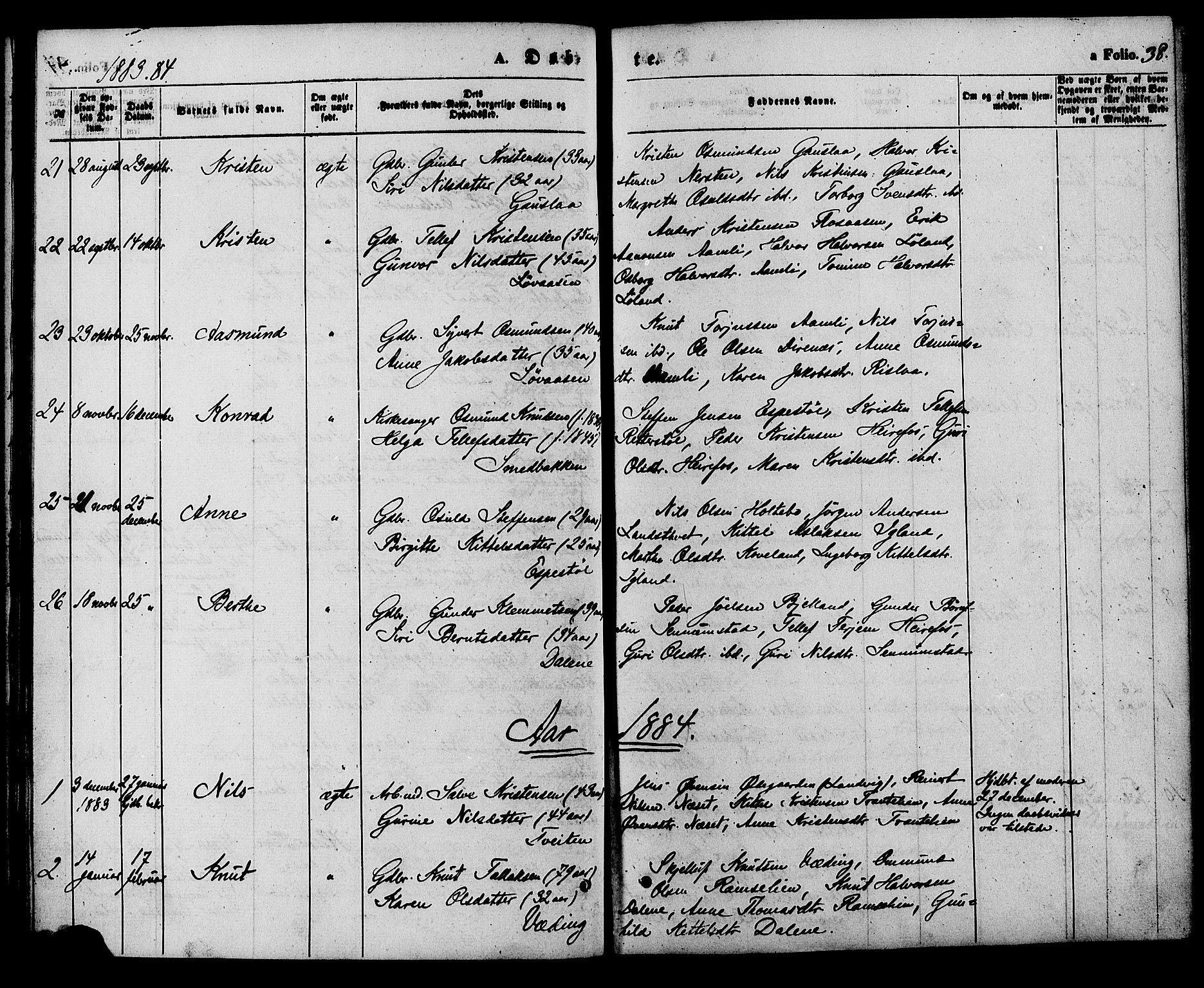 Herefoss sokneprestkontor, AV/SAK-1111-0019/F/Fa/Faa/L0002: Parish register (official) no. A 2, 1861-1886, p. 38