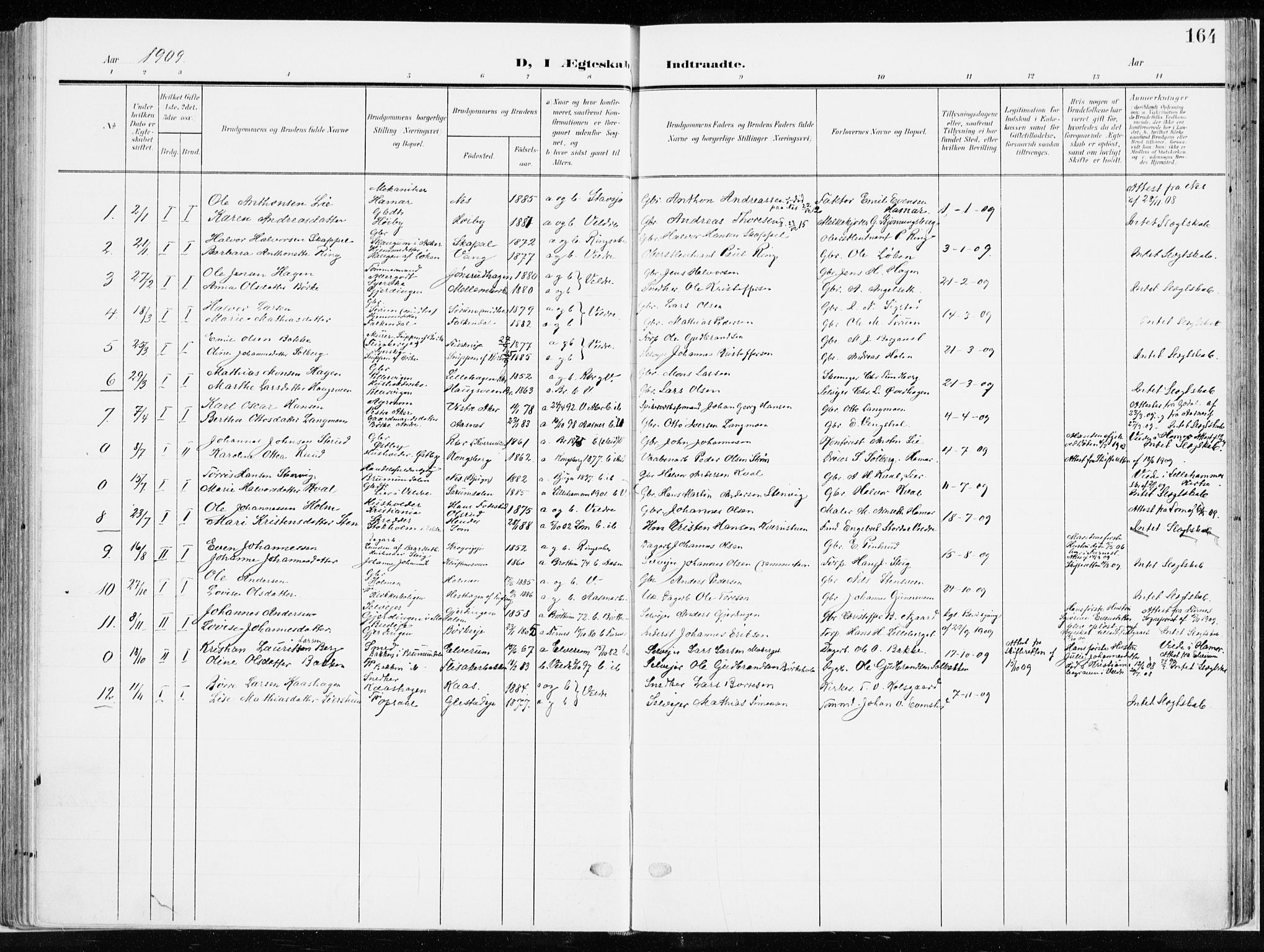 Ringsaker prestekontor, SAH/PREST-014/K/Ka/L0019: Parish register (official) no. 19, 1905-1920, p. 164