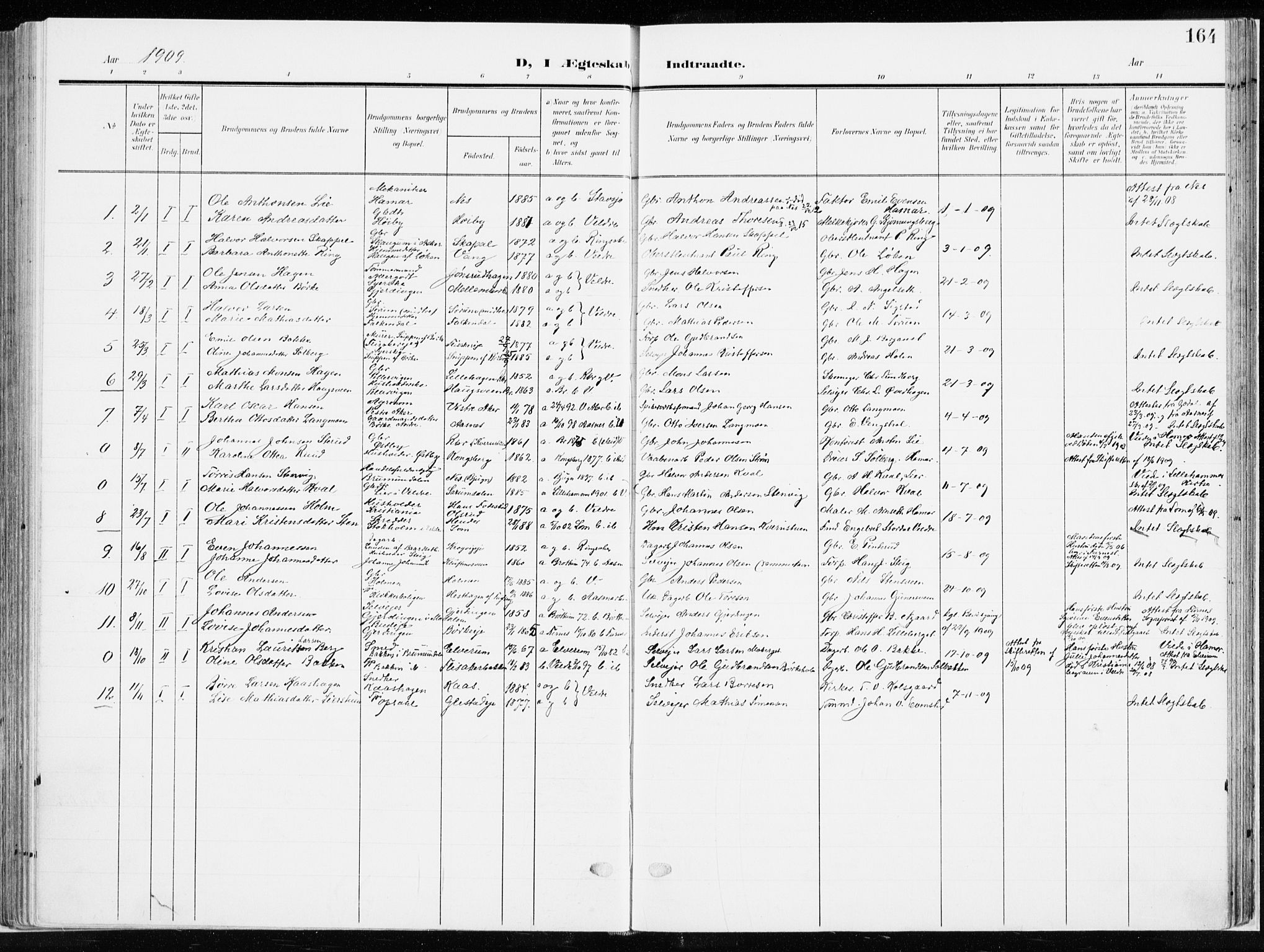 Ringsaker prestekontor, AV/SAH-PREST-014/K/Ka/L0019: Parish register (official) no. 19, 1905-1920, p. 164