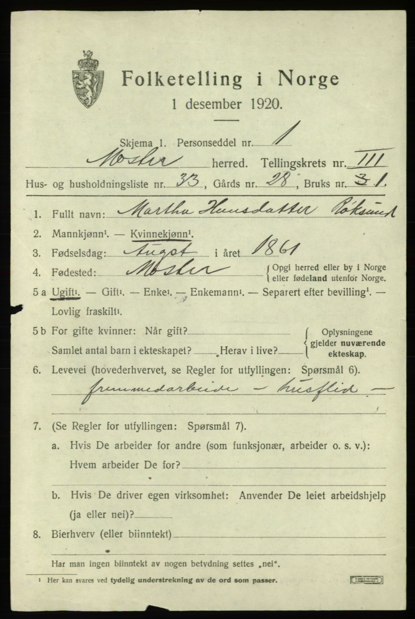 SAB, 1920 census for Moster, 1920, p. 1319