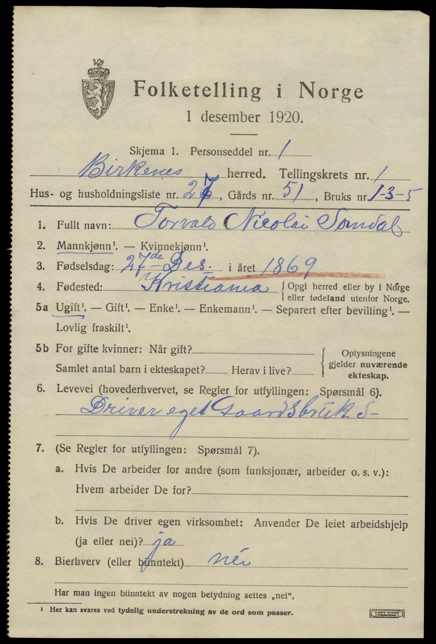 SAK, 1920 census for Birkenes, 1920, p. 1055