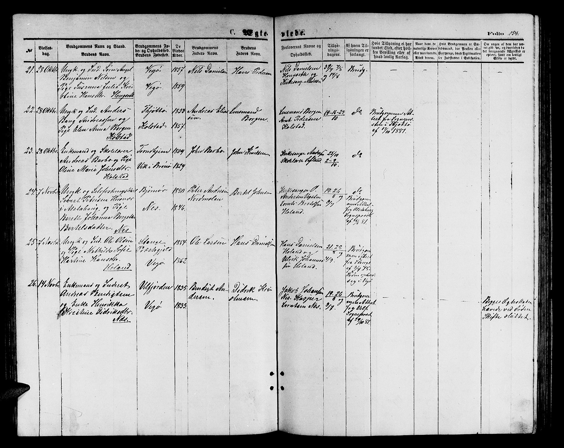 Ministerialprotokoller, klokkerbøker og fødselsregistre - Nordland, AV/SAT-A-1459/816/L0252: Parish register (copy) no. 816C02, 1871-1885, p. 154