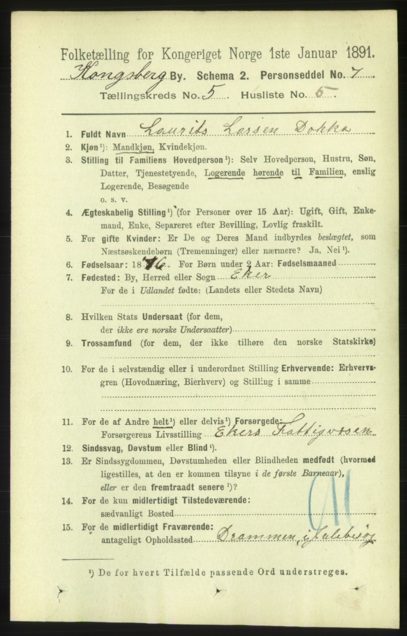 RA, 1891 census for 0604 Kongsberg, 1891, p. 4191