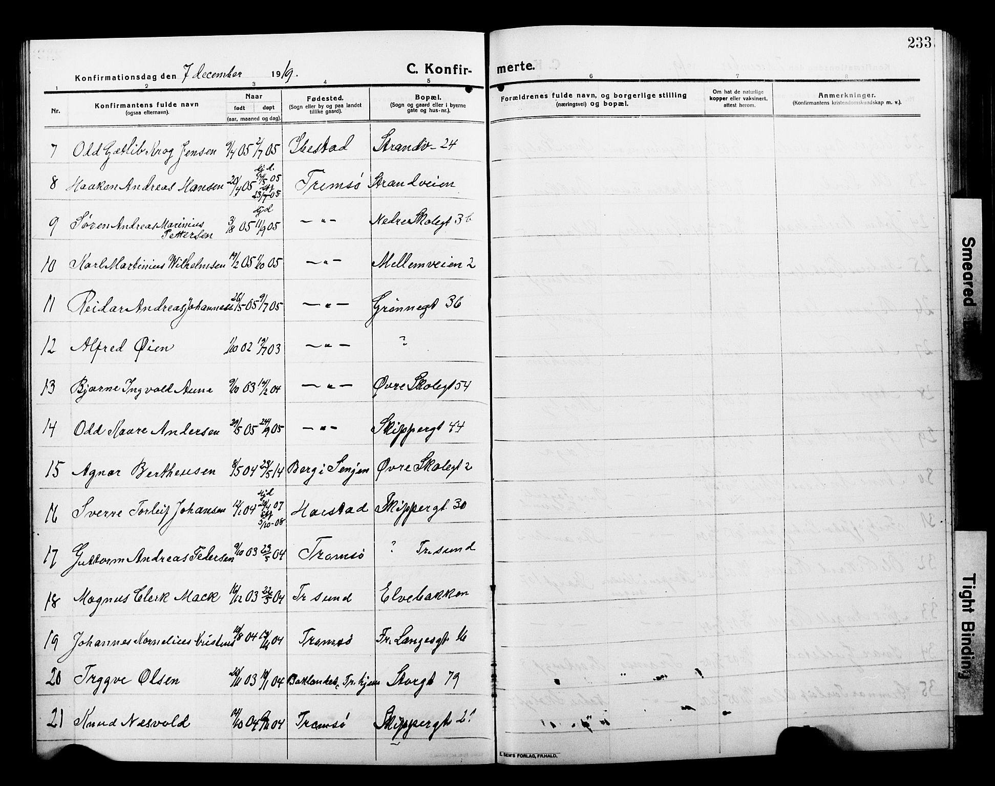 Tromsø sokneprestkontor/stiftsprosti/domprosti, AV/SATØ-S-1343/G/Gb/L0009klokker: Parish register (copy) no. 9, 1915-1925, p. 233