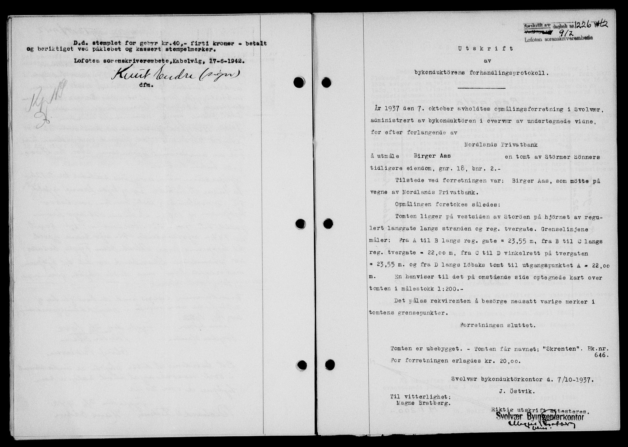 Lofoten sorenskriveri, SAT/A-0017/1/2/2C/L0010a: Mortgage book no. 10a, 1942-1943, Diary no: : 1226/1942