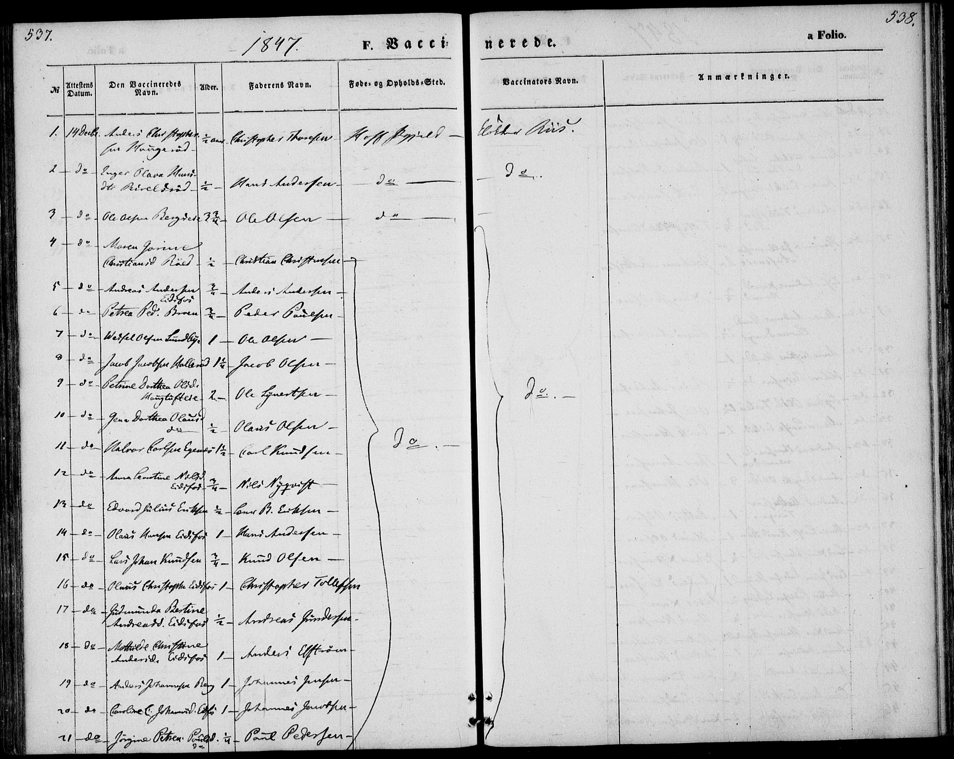 Hof kirkebøker, AV/SAKO-A-64/F/Fa/L0005: Parish register (official) no. I 5, 1844-1851, p. 537-538