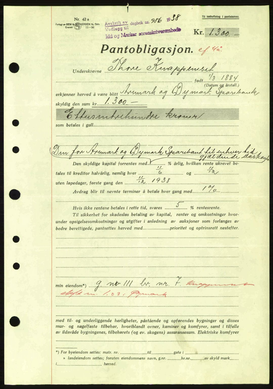 Idd og Marker sorenskriveri, AV/SAO-A-10283/G/Gb/Gbc/L0001: Mortgage book no. B1-3, 1936-1939, Diary no: : 986/1938