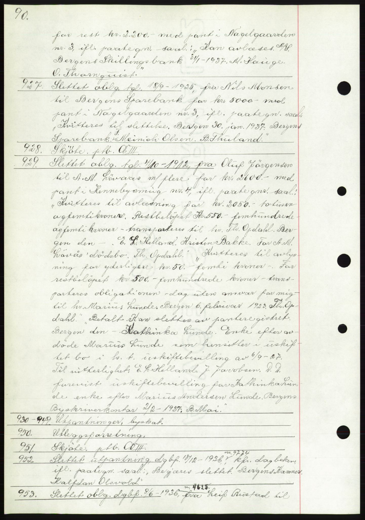 Byfogd og Byskriver i Bergen, AV/SAB-A-3401/03: Mortgage book no. C 3, 1936-1937, Diary no: : 927/1937