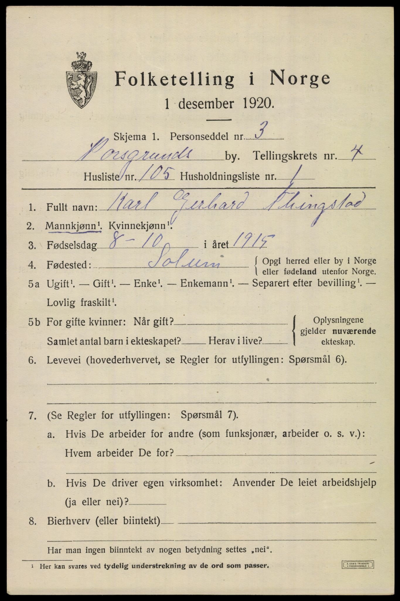 SAKO, 1920 census for Porsgrunn, 1920, p. 19927