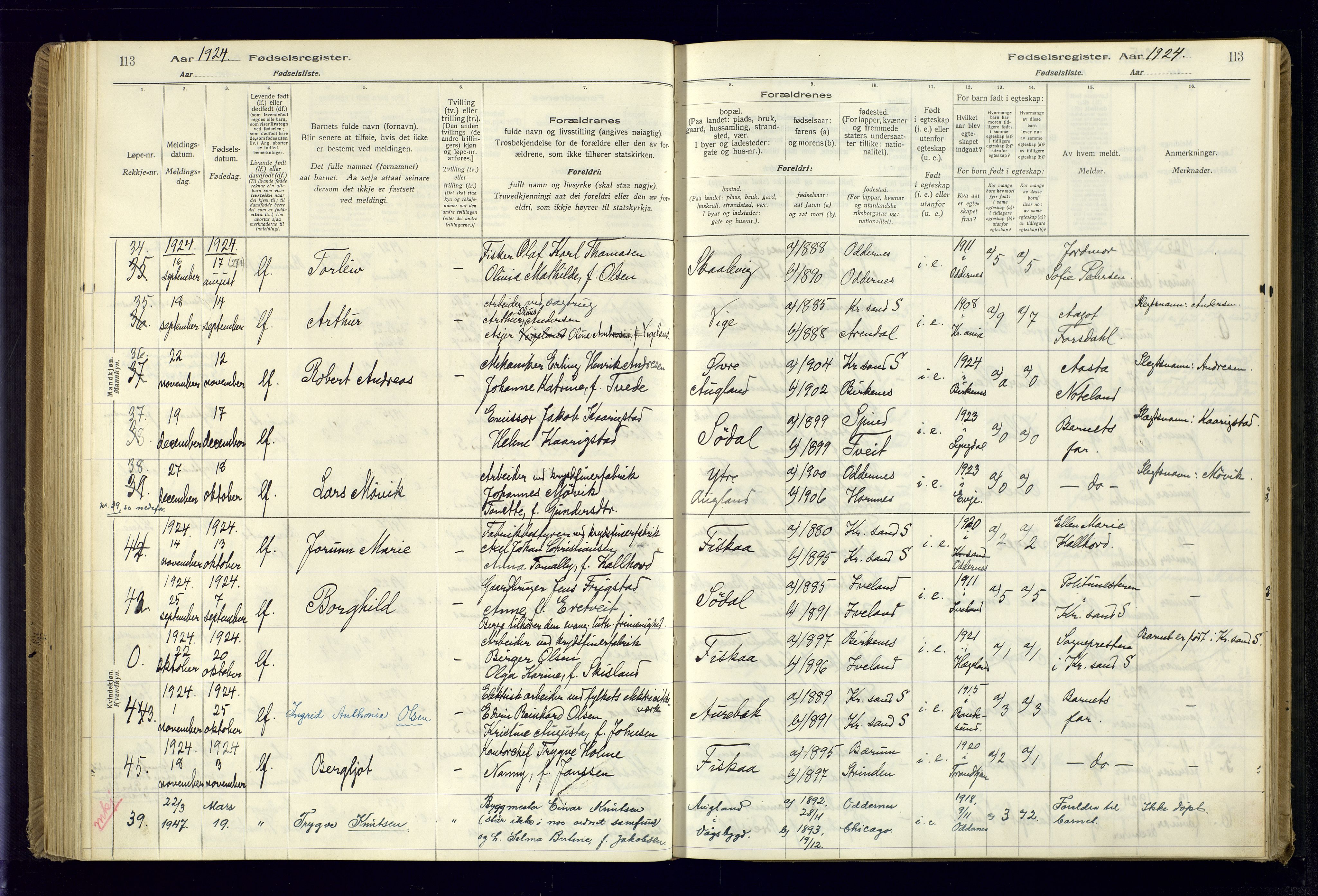 Oddernes sokneprestkontor, AV/SAK-1111-0033/J/Ja/L0001: Birth register no. 1, 1916-1935, p. 113