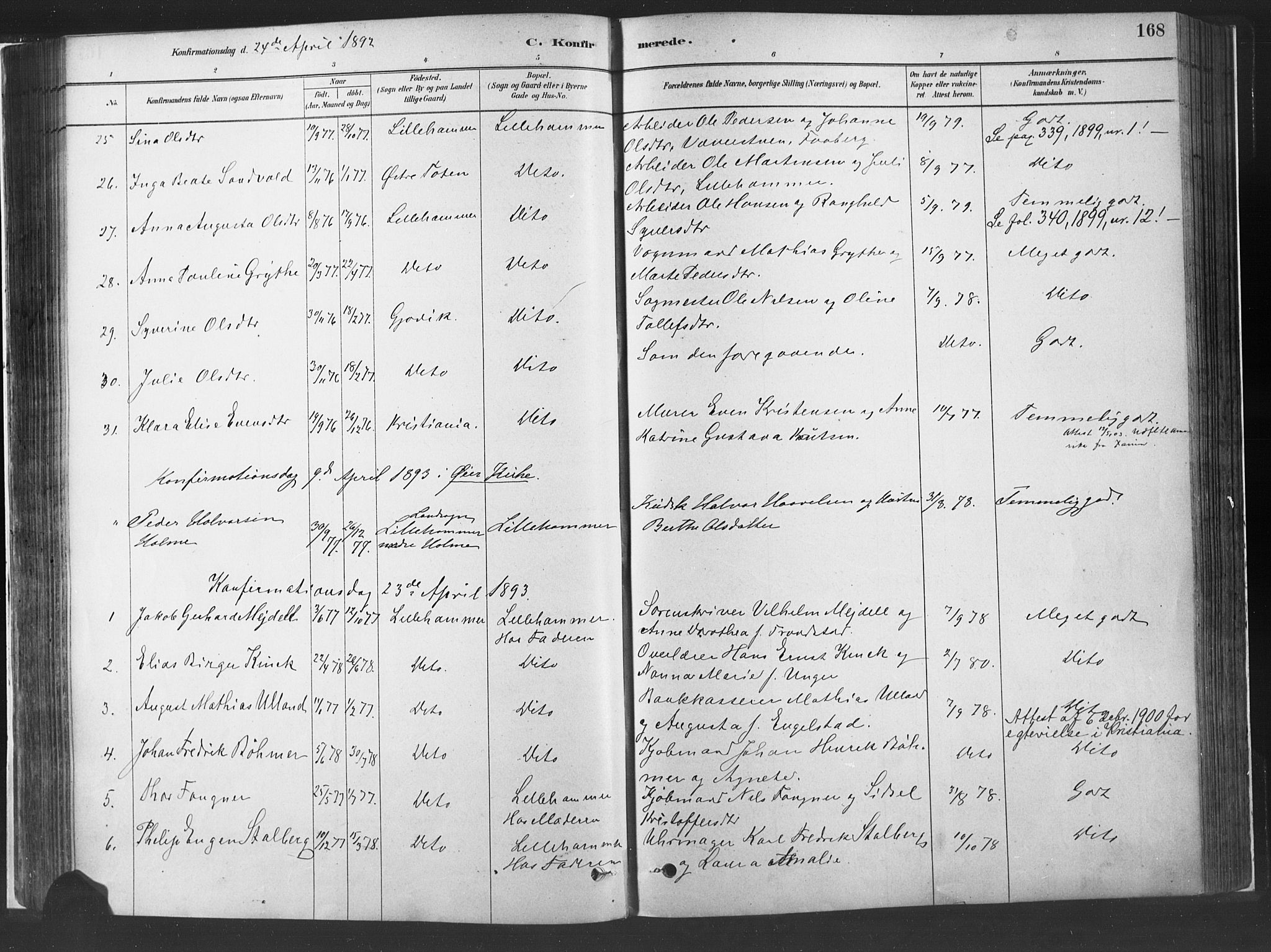 Fåberg prestekontor, SAH/PREST-086/H/Ha/Haa/L0010: Parish register (official) no. 10, 1879-1900, p. 168