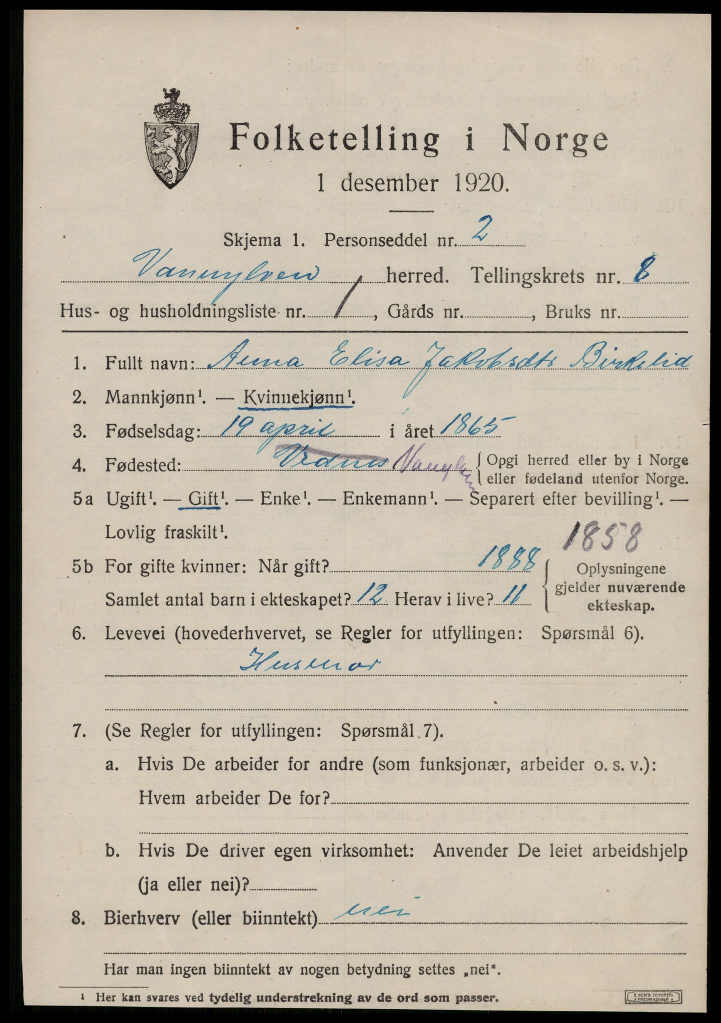 SAT, 1920 census for Vanylven, 1920, p. 4297