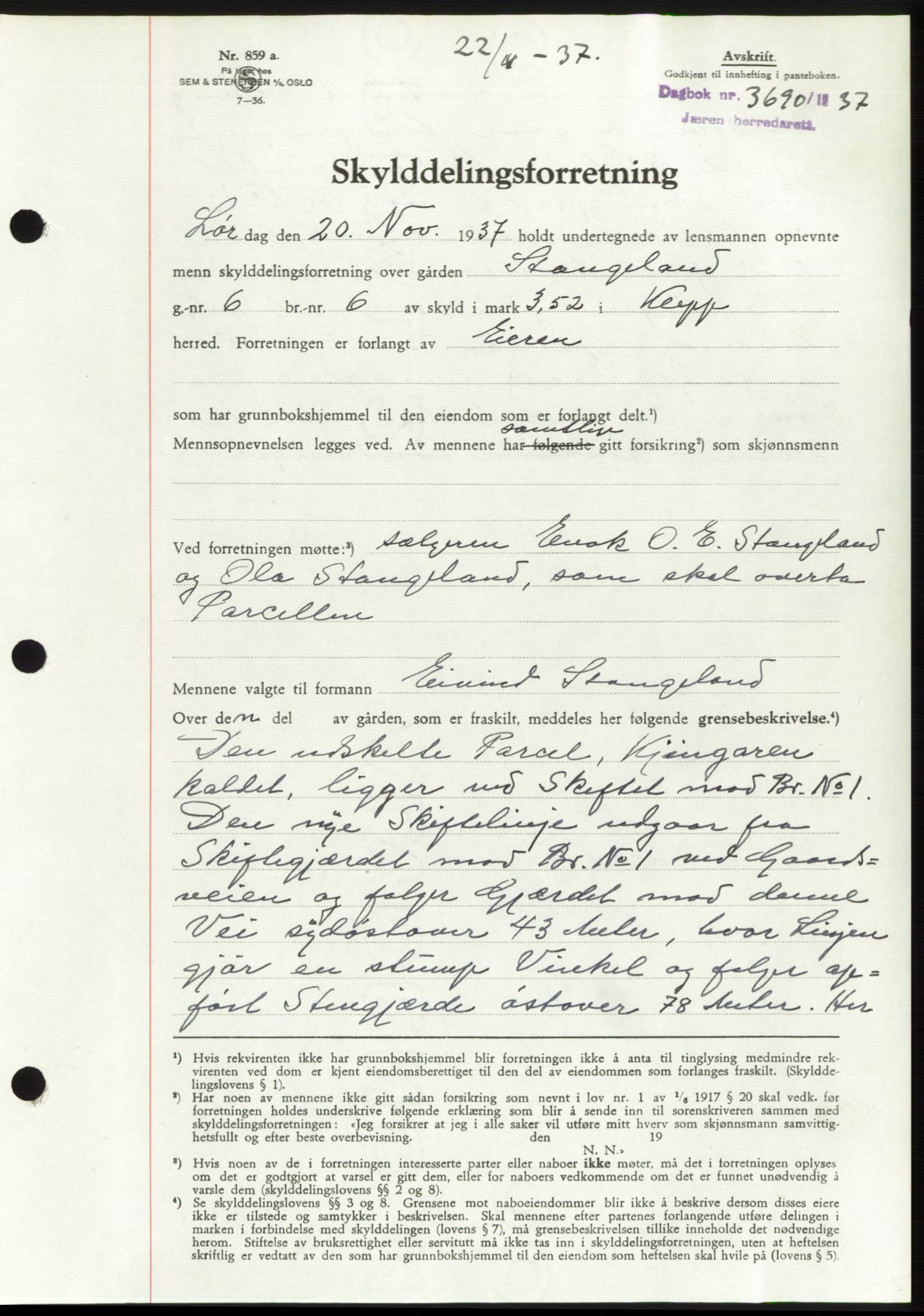 Jæren sorenskriveri, SAST/A-100310/03/G/Gba/L0069: Mortgage book, 1937-1937, Diary no: : 3690/1937