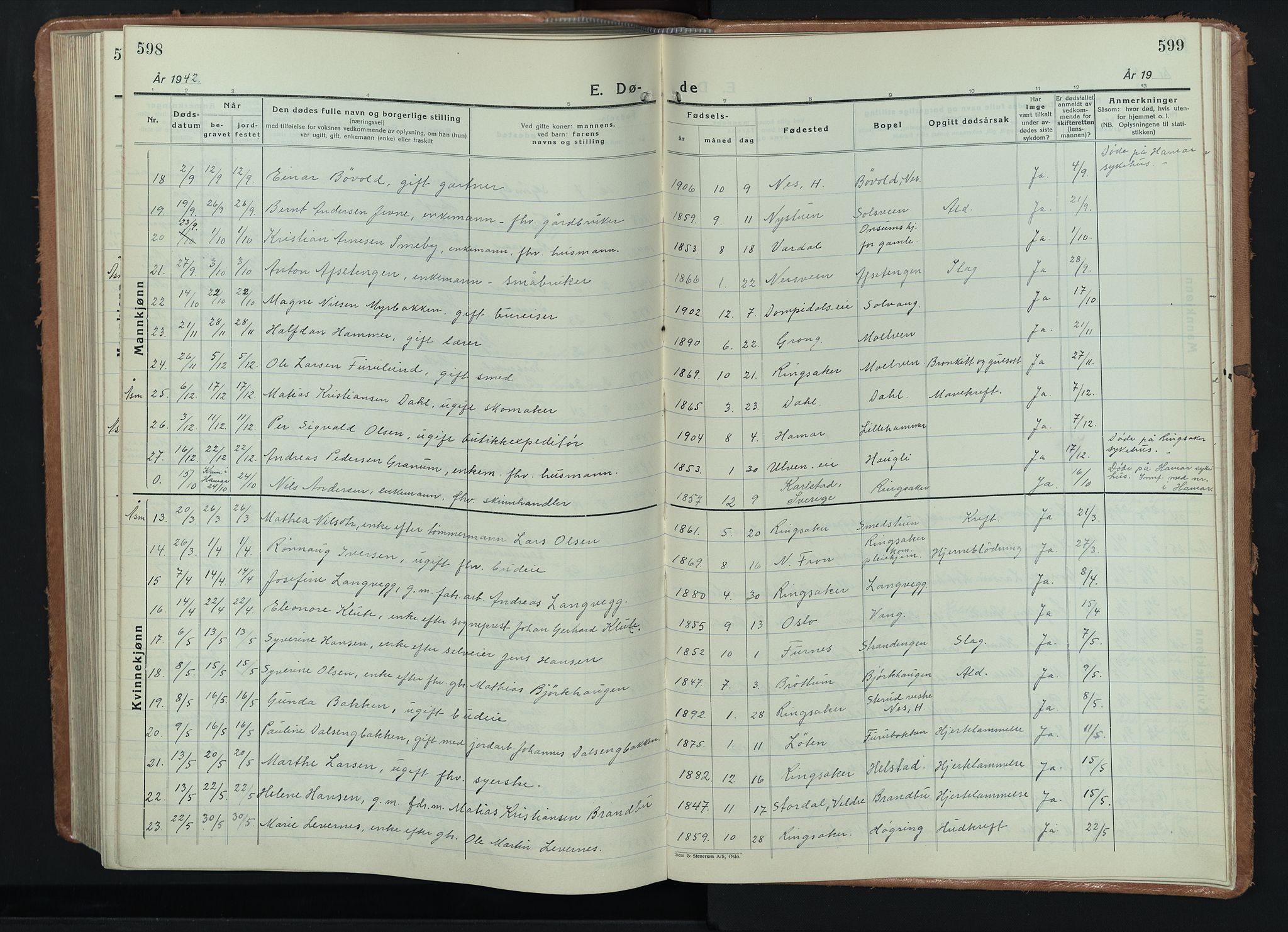 Ringsaker prestekontor, AV/SAH-PREST-014/L/La/L0020: Parish register (copy) no. 20, 1934-1946, p. 598-599