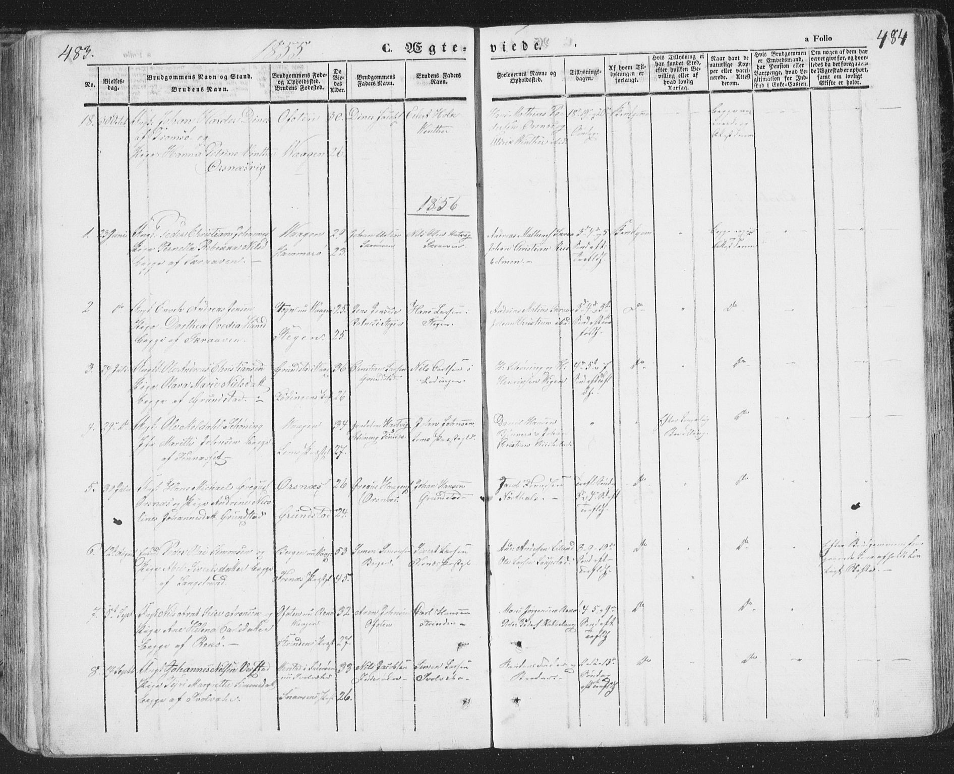 Ministerialprotokoller, klokkerbøker og fødselsregistre - Nordland, SAT/A-1459/874/L1072: Parish register (copy) no. 874C01, 1843-1859, p. 483-484