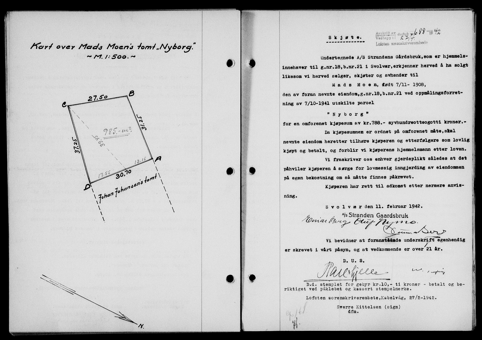 Lofoten sorenskriveri, SAT/A-0017/1/2/2C/L0009a: Mortgage book no. 9a, 1941-1942, Diary no: : 688/1942
